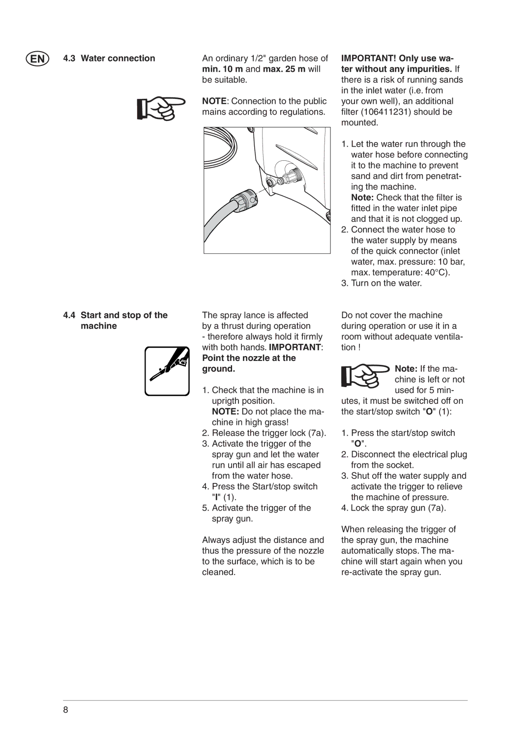 Nilfisk-Advance America C 110.3 X-TRA, C 100.5 user manual Water connection, Min m and max m will 