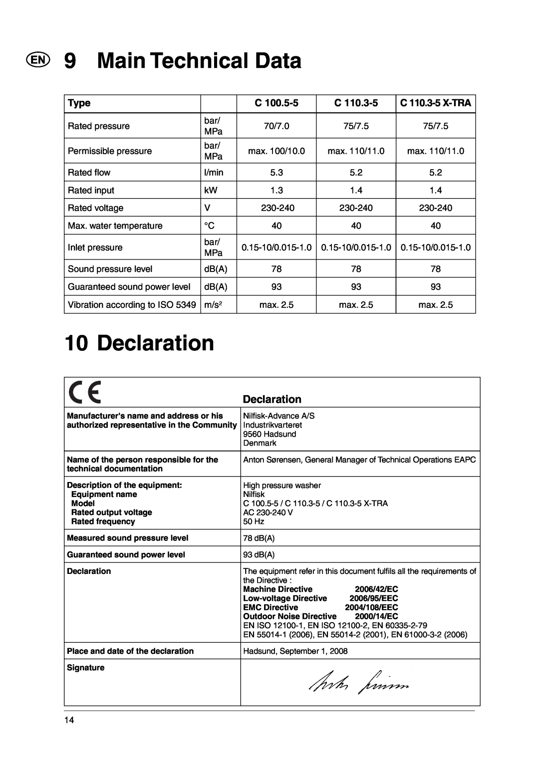 Nilfisk-Advance America C 110.3 X-TRA, C 100.5 user manual Main Technical Data, Declaration, Type, C 110.3-5 X-TRA 