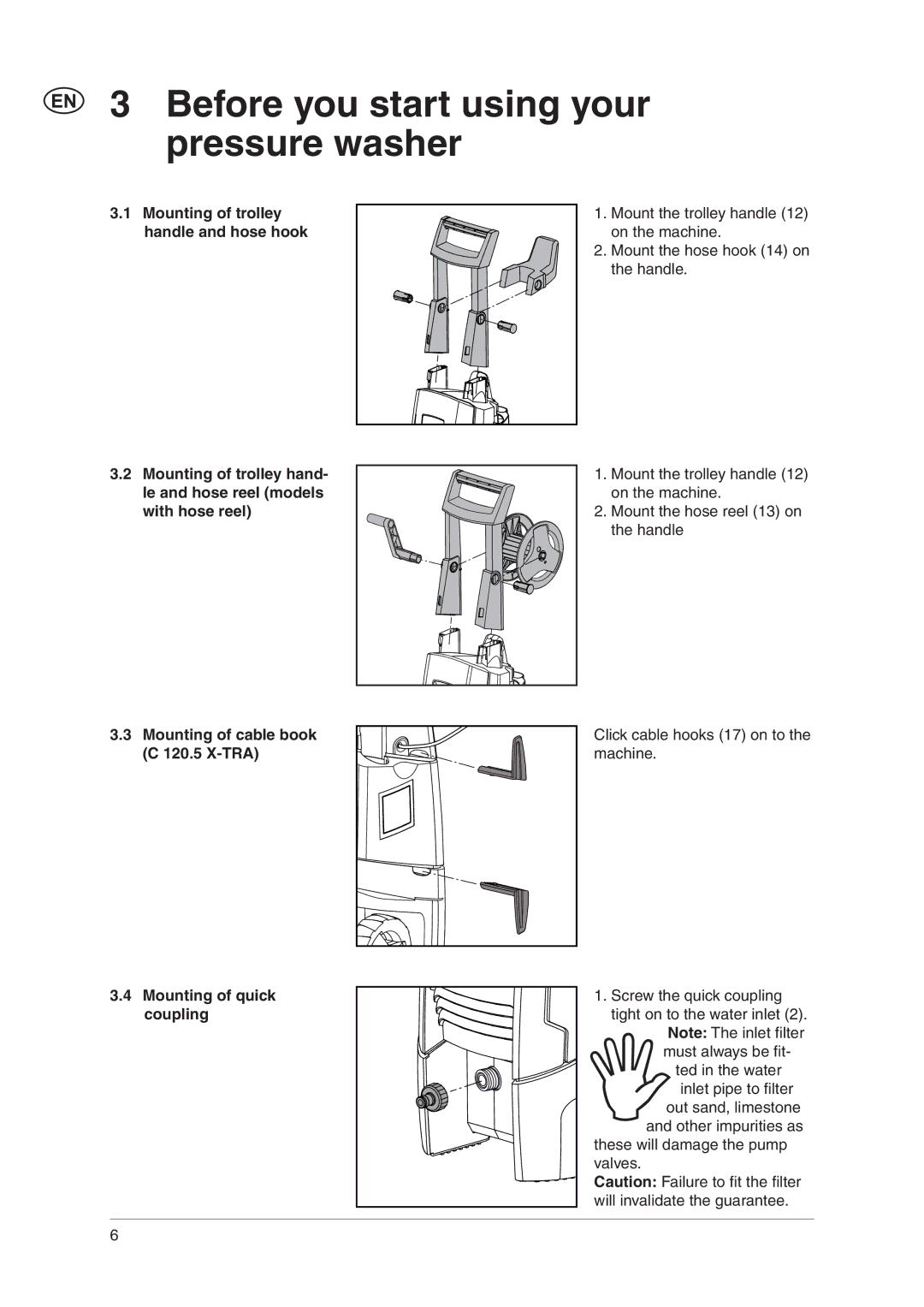 Nilfisk-Advance America C 120.3 Before you start using your pressure washer, Mounting of trolley handle and hose hook 