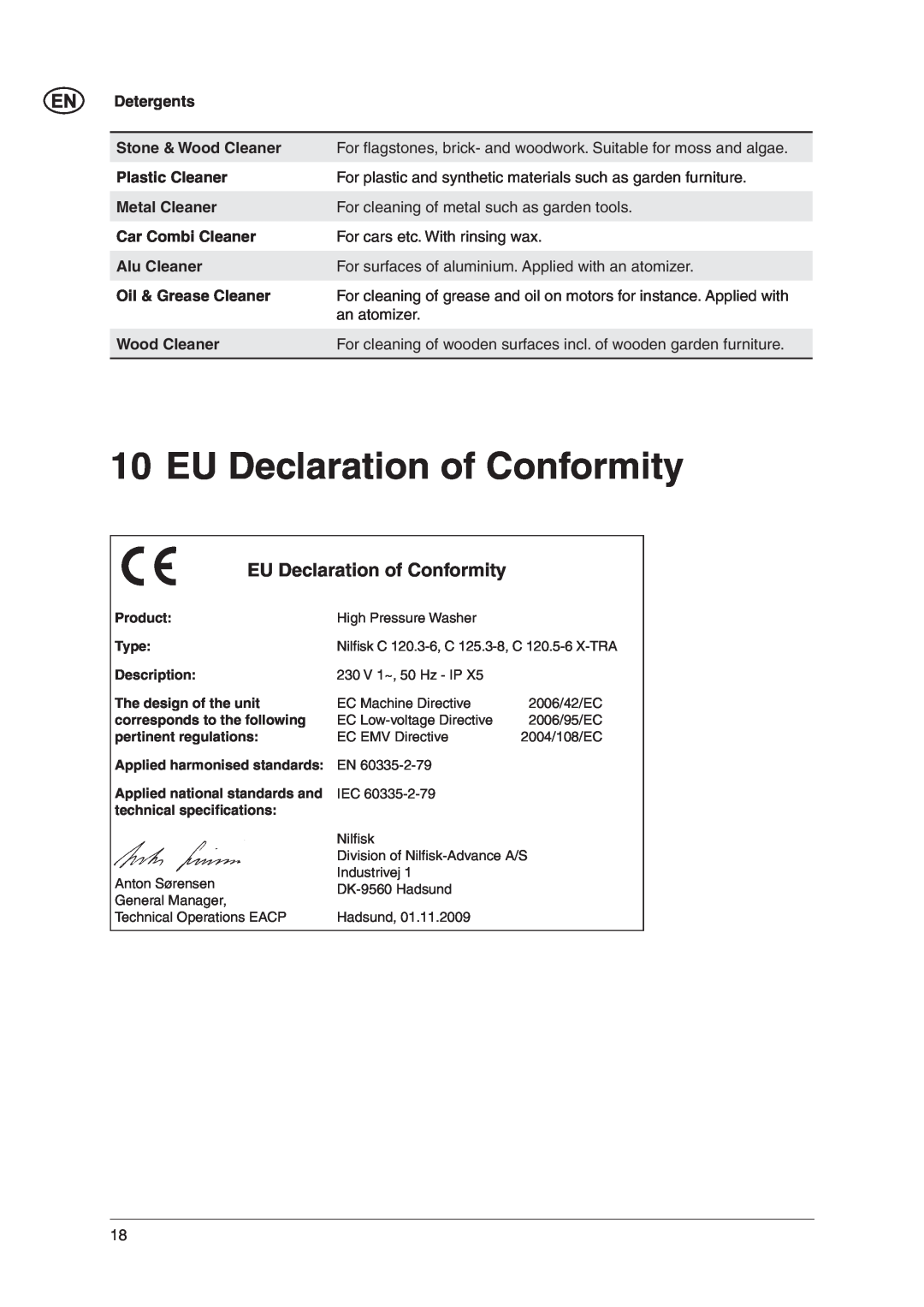 Nilfisk-Advance America C 120.3, C 125.3 EU Declaration of Conformity, Detergents, Stone & Wood Cleaner, Plastic Cleaner 