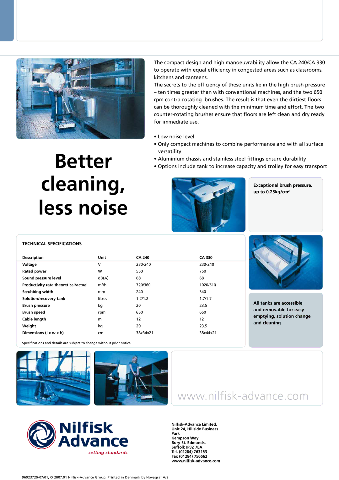 Nilfisk-Advance America CA 330, CA 240 manual Better, Cleaning, less noise, Technical specifications 