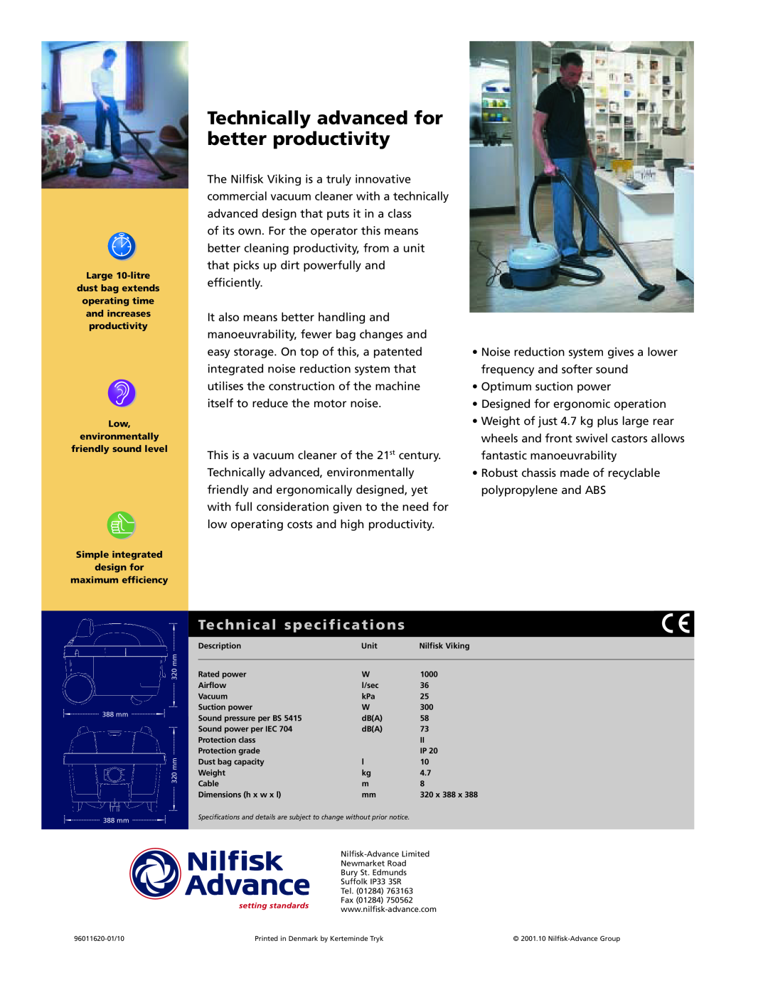 Nilfisk-Advance America Dry Vacuum Cleaner manual Technically advanced for better productivity, Technical specifications 
