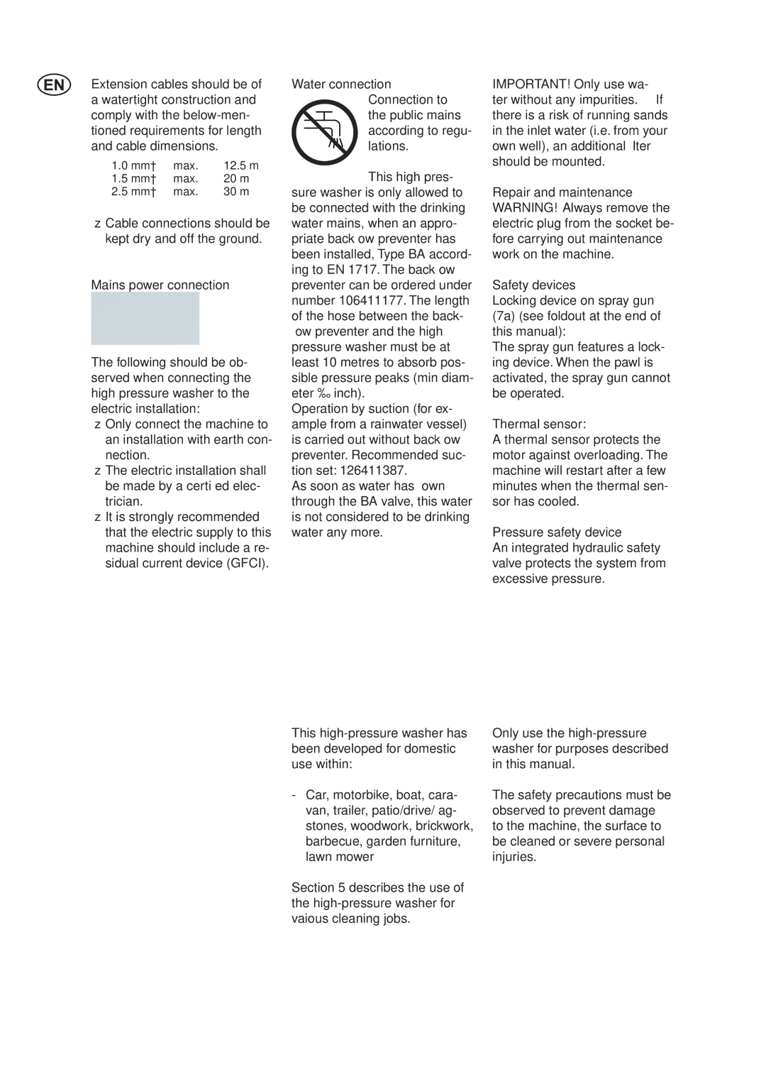 Nilfisk-Advance America E 145.2, E 140.2 Description, Mains power connection, Water connection Connection to, Application 