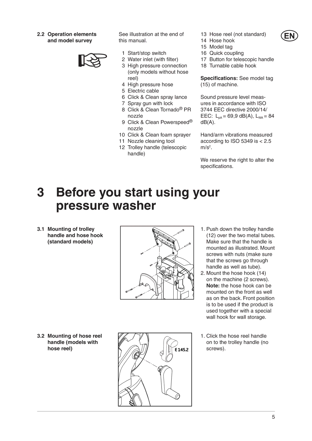 Nilfisk-Advance America E 130.2, E 140.2 Before you start using your pressure washer, Operation elements, Model survey 