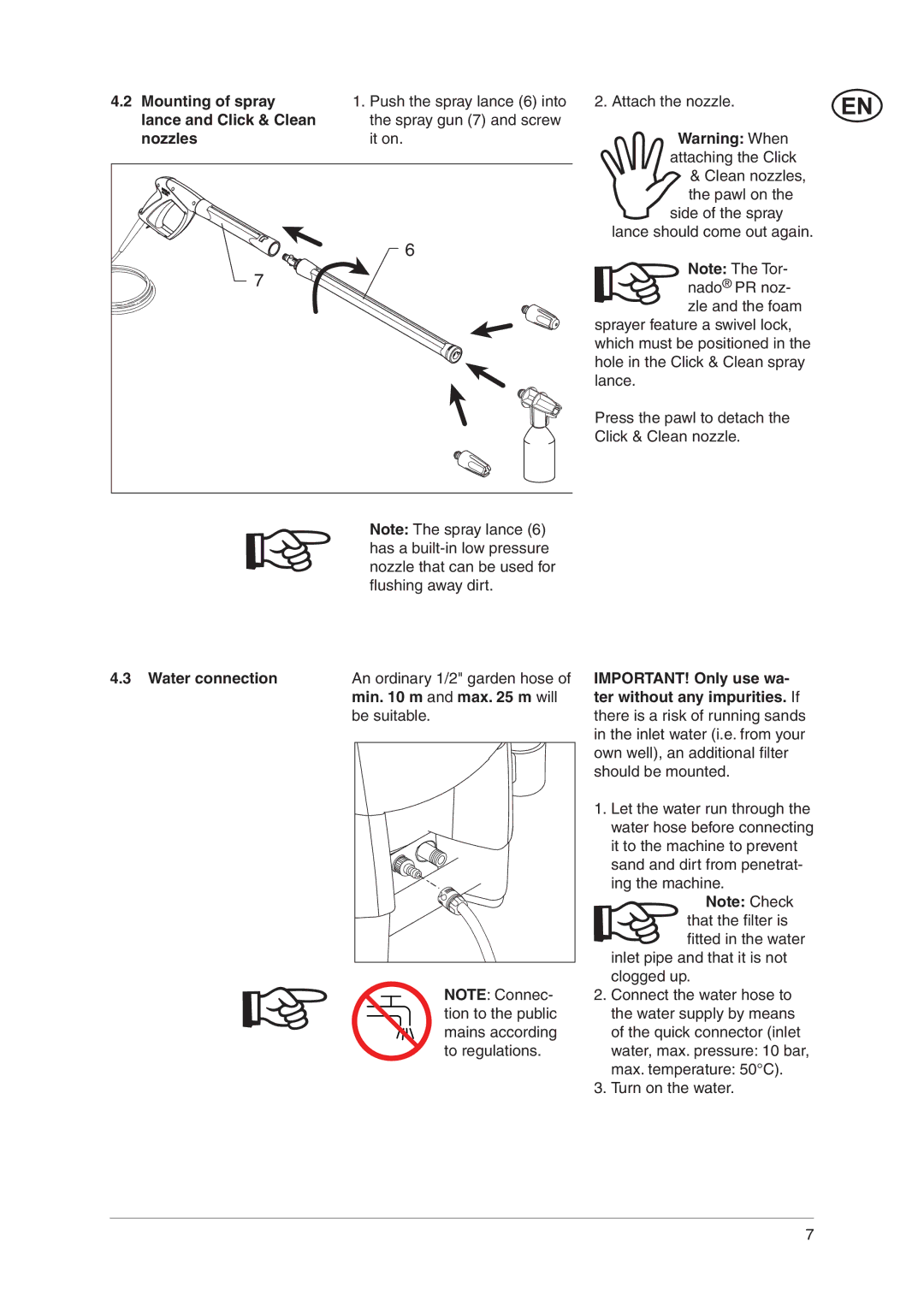 Nilfisk-Advance America E 145.2, E 140.2, E 130.2 manual Water connection, Min m and max m will 