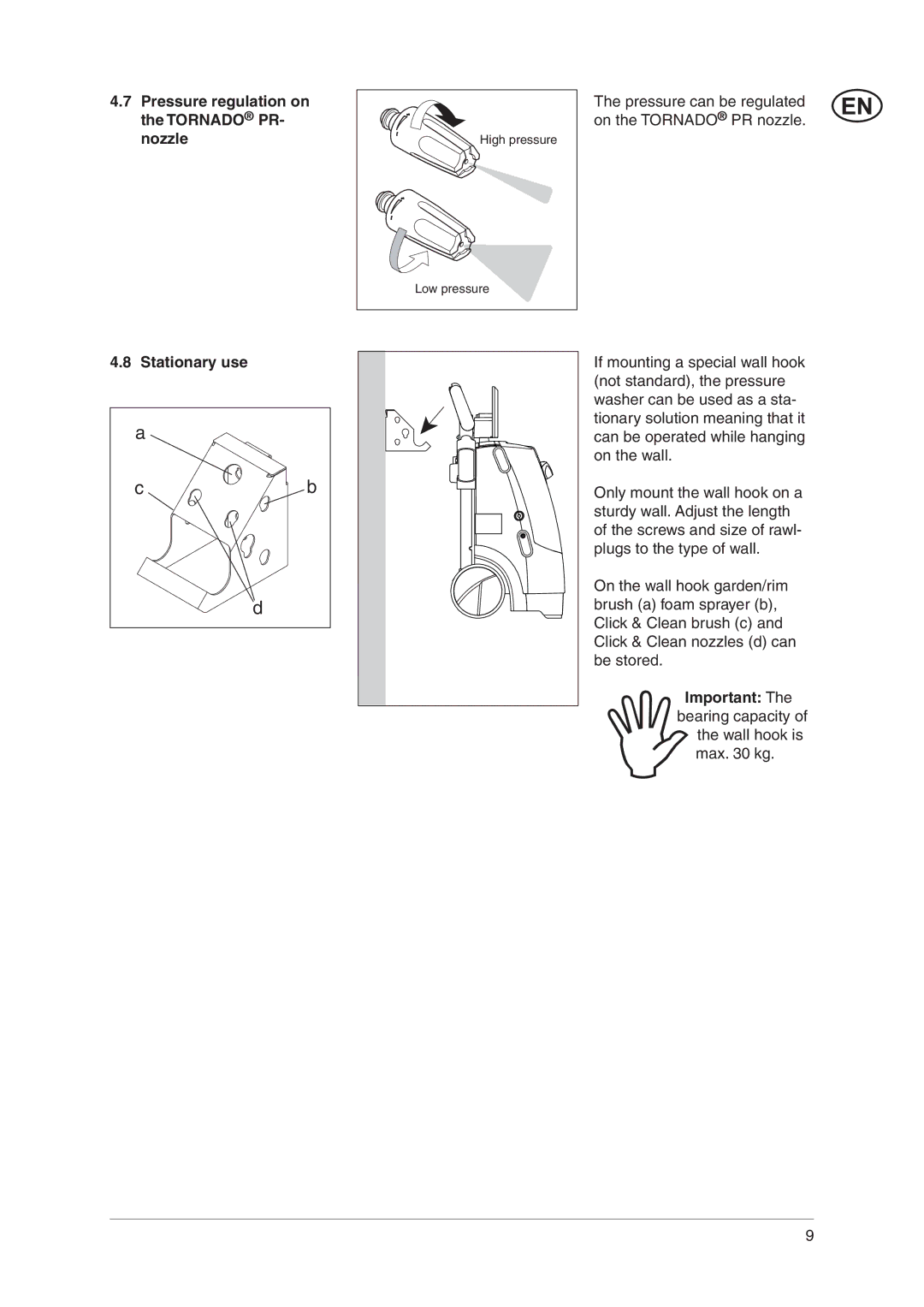 Nilfisk-Advance America E 140.2, E 145.2, E 130.2 manual Pressure regulation on the Tornado PR- nozzle, Stationary use 