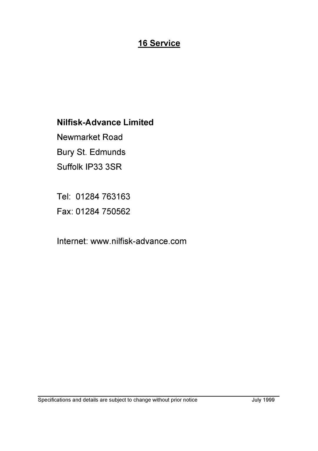 Nilfisk-Advance America GB 1133 instruction manual Service Nilfisk-Advance Limited 