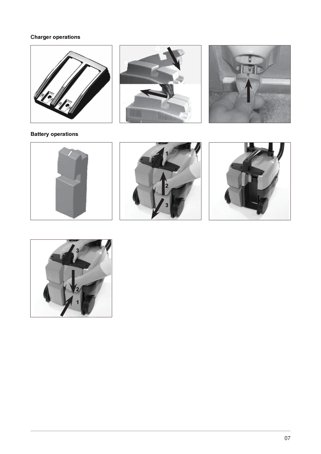 Nilfisk-Advance America GD 911 manual Charger operations Battery operations 