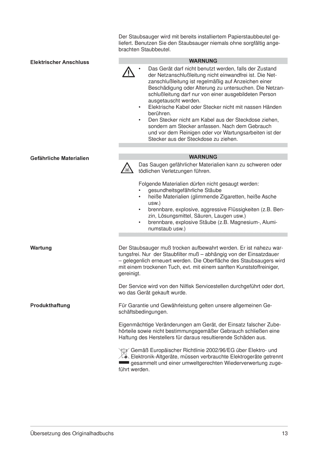 Nilfisk-Advance America GD 911 manual Warnung 