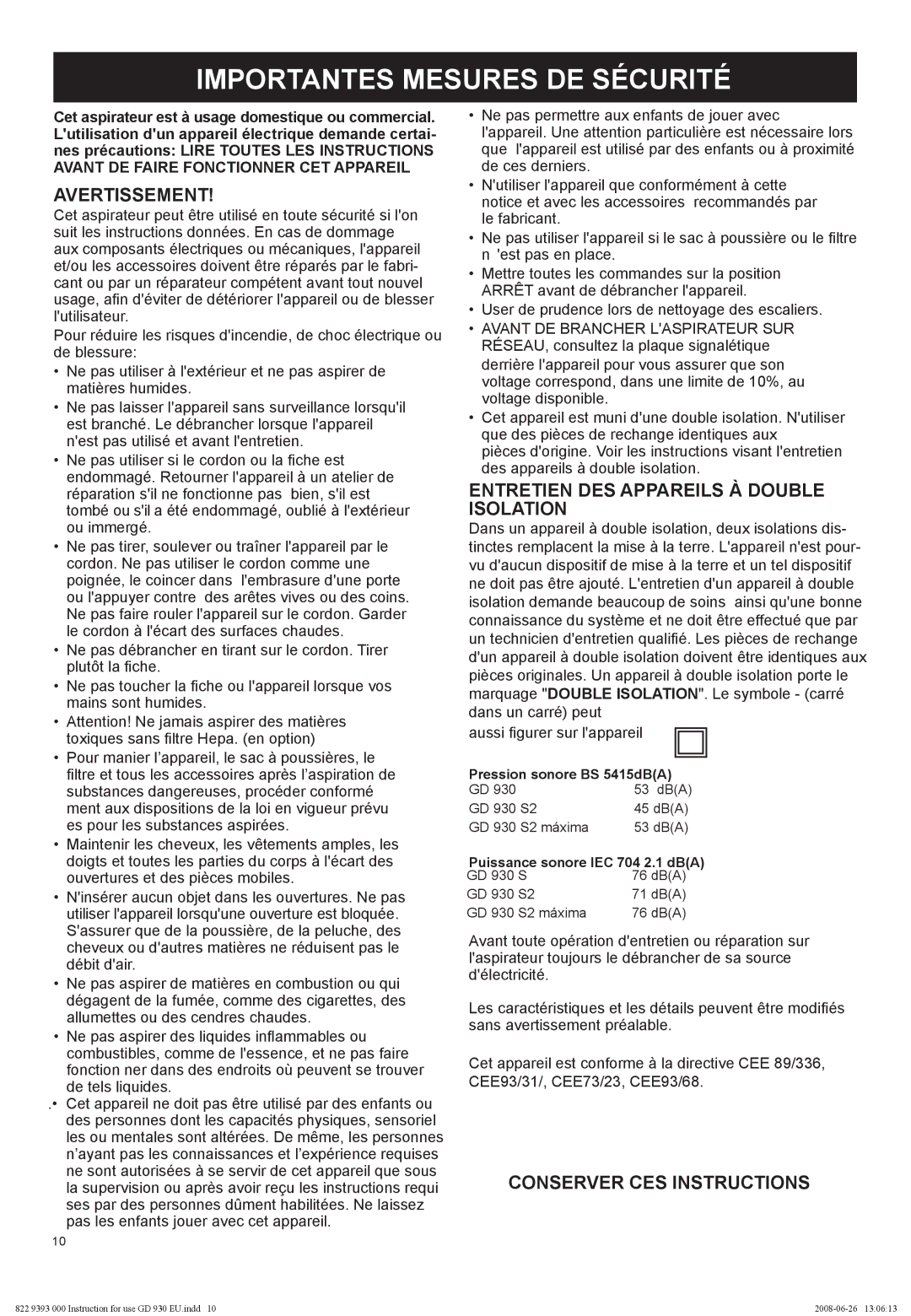 Nilfisk-Advance America GD 930 Importantes Mesures DE Sécurité, Avertissement, Entretien DES Appareils À Double Isolation 