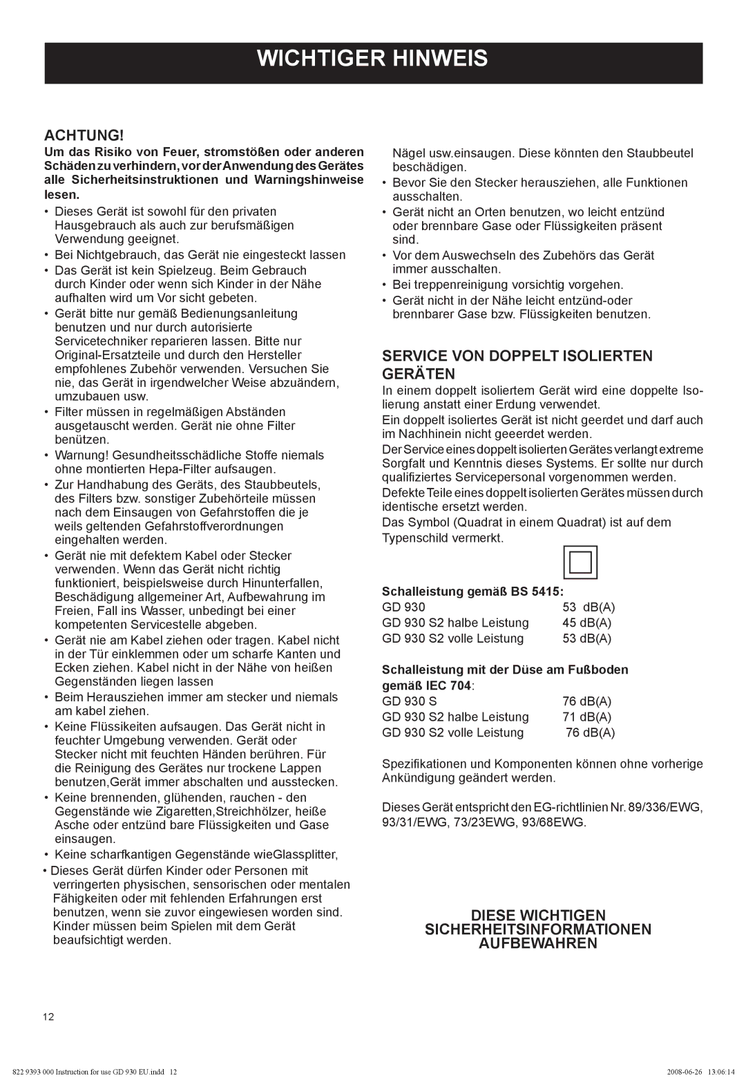 Nilfisk-Advance America GD 930S2 manual Wichtiger Hinweis, Achtung, Service VON Doppelt Isolierten Geräten 