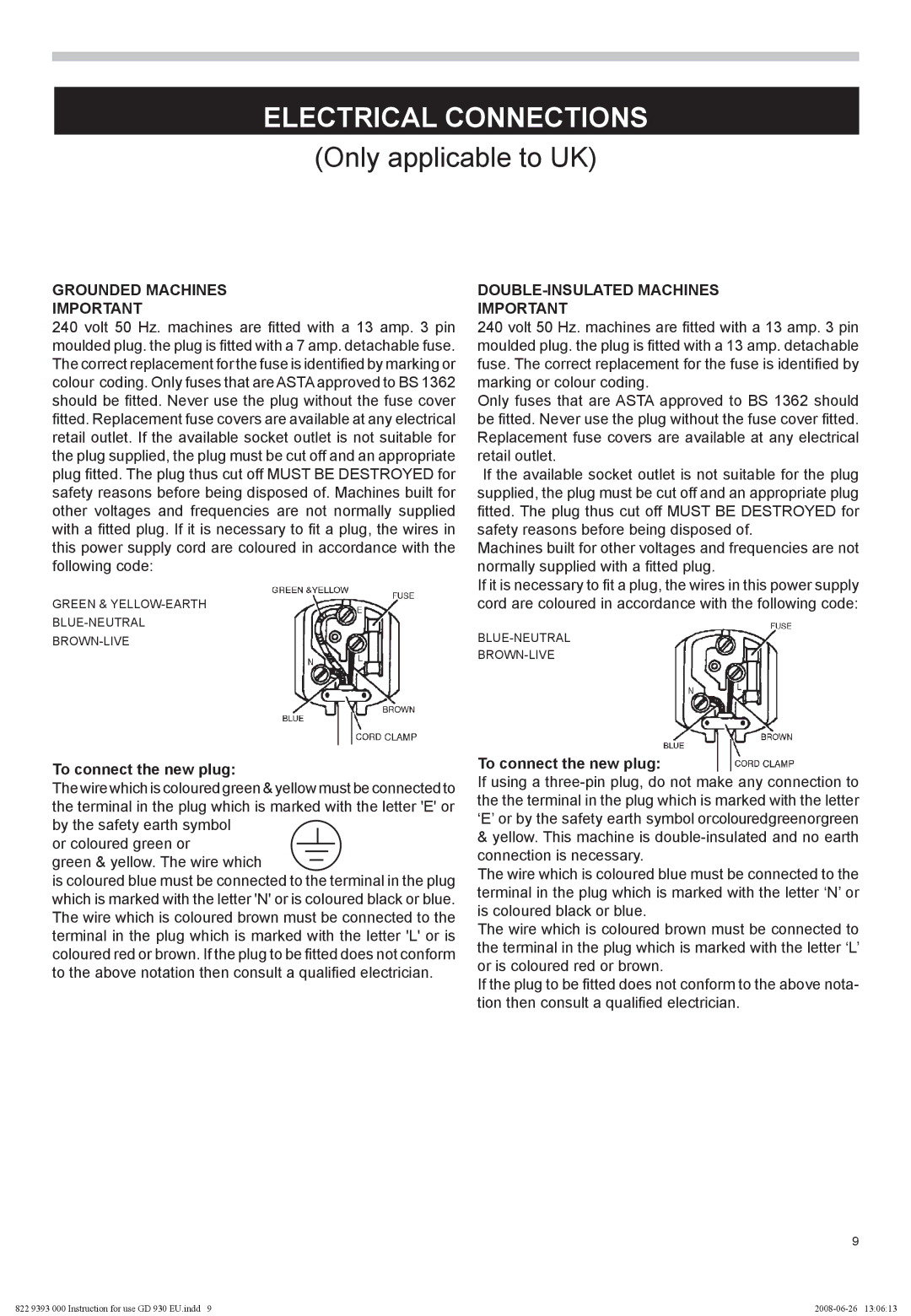 Nilfisk-Advance America GD 930S2 manual Electrical Connections, To connect the new plug 