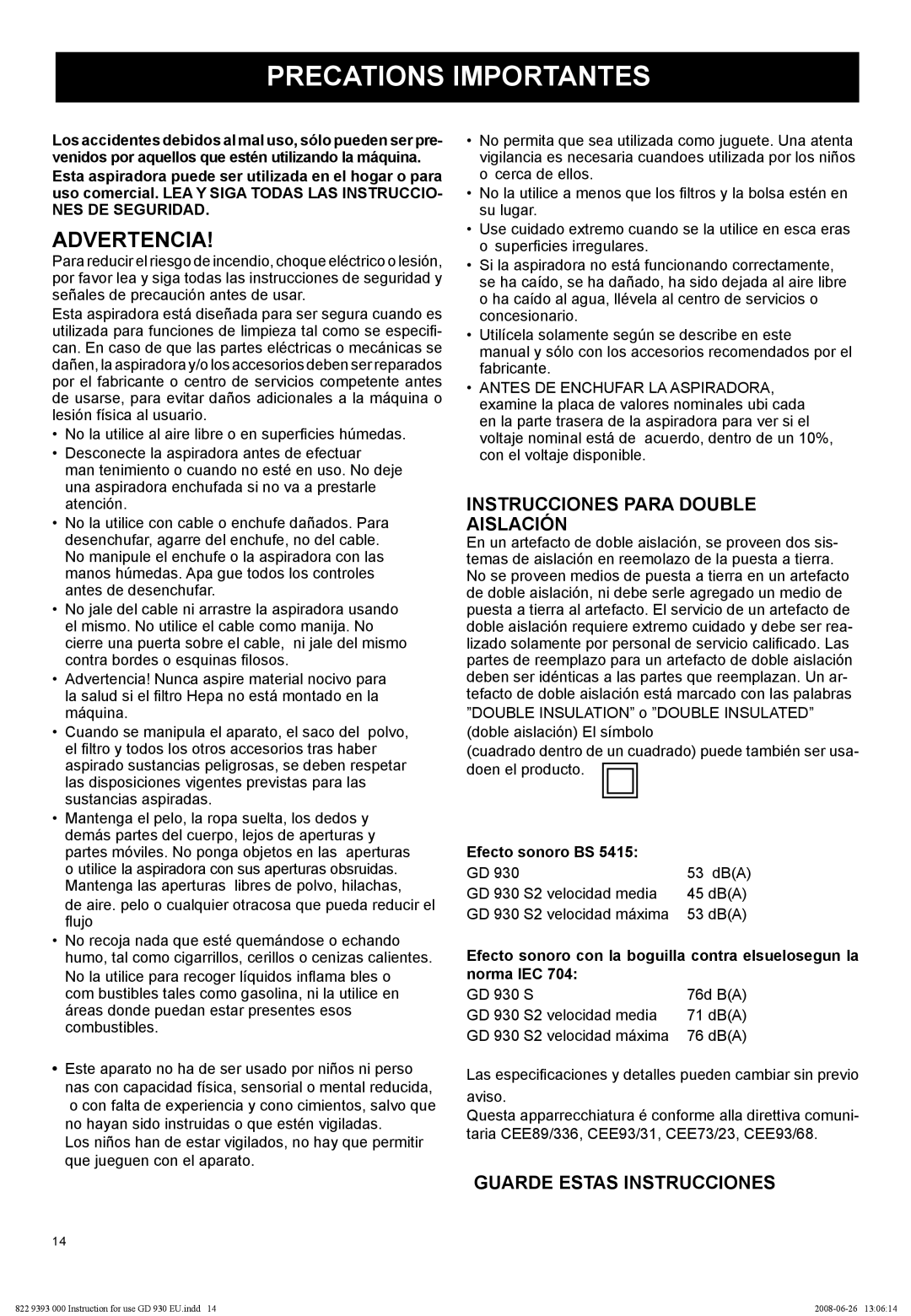 Nilfisk-Advance America GD 930S2 manual Precations Importantes, Advertencia, Instrucciones Para Double Aislación 