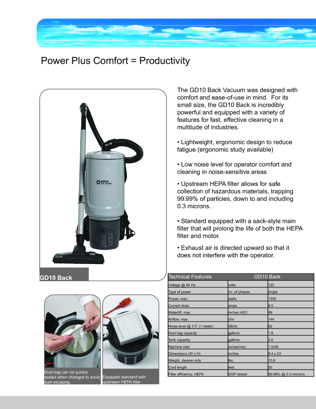 Nilfisk-Advance America GD10 manual Power Plus Comfort = Productivity 