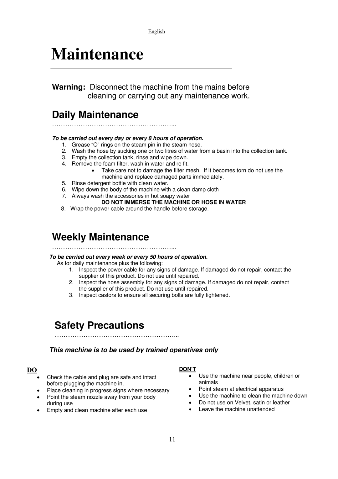 Nilfisk-Advance America GR 8000 manual Daily Maintenance, Weekly Maintenance, Safety Precautions 