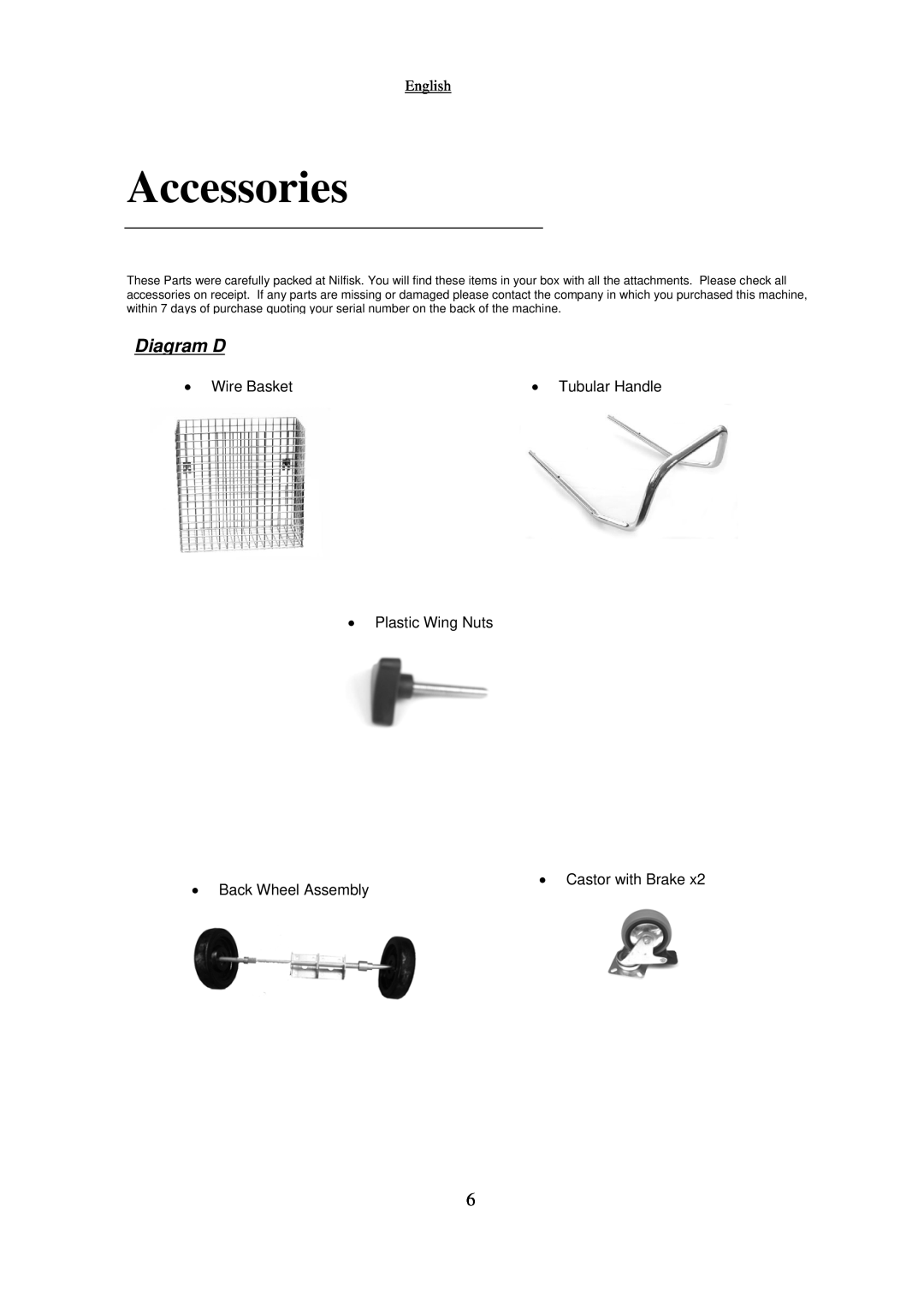 Nilfisk-Advance America GR 8000 manual Accessories, Diagram D, English 