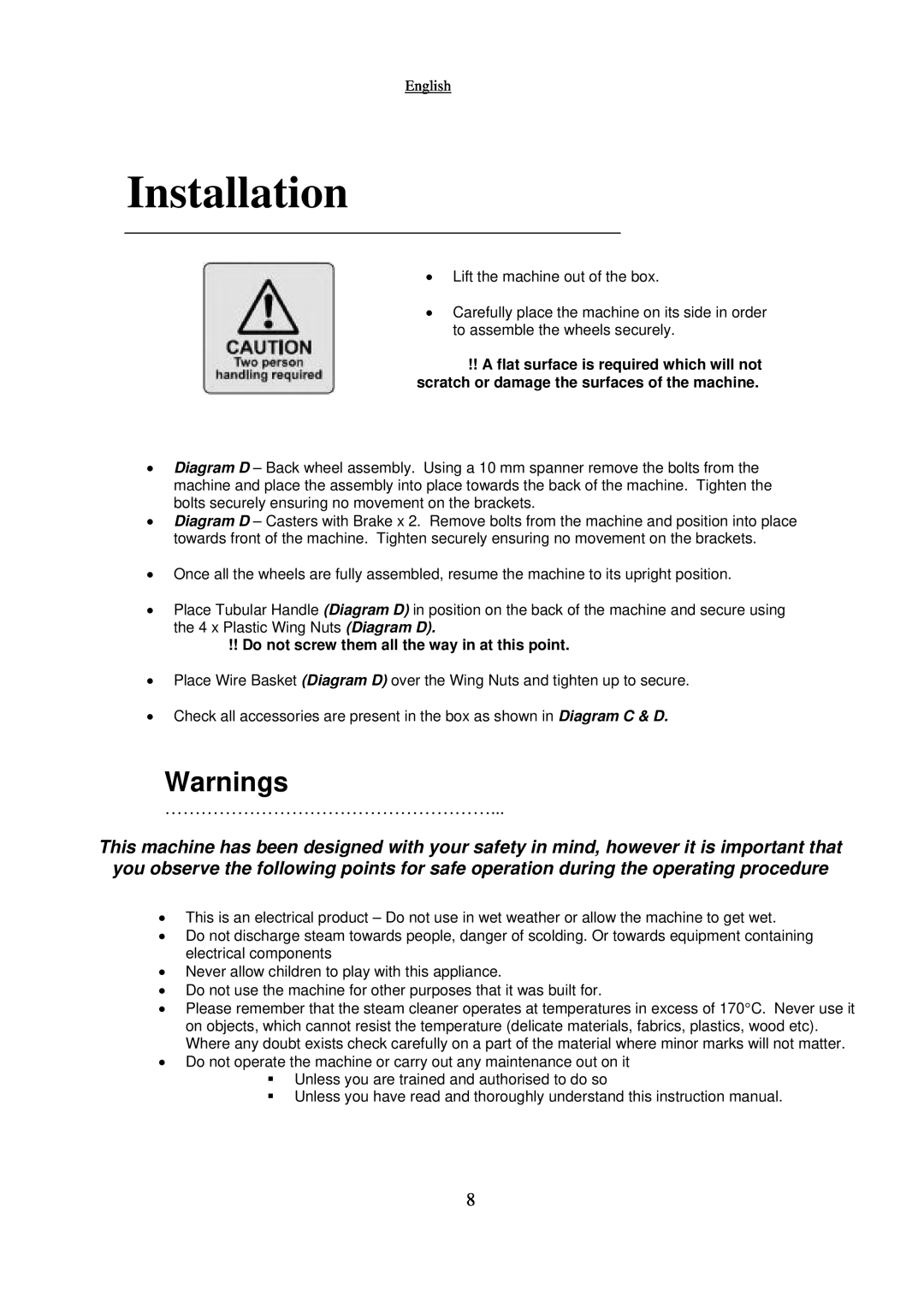 Nilfisk-Advance America GR 8000 manual Installation, Warnings 
