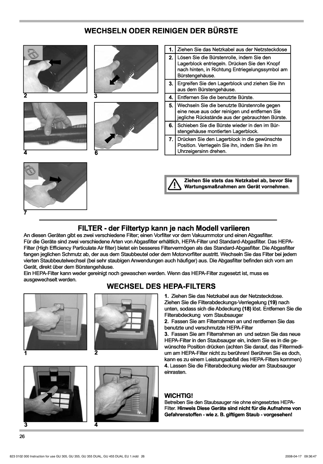 Nilfisk-Advance America GU 12 DMU, GU 305 manual Wechseln Oder Reinigen Der Bürste, Wechsel Des Hepa-Filters, Wichtig, 23 46 