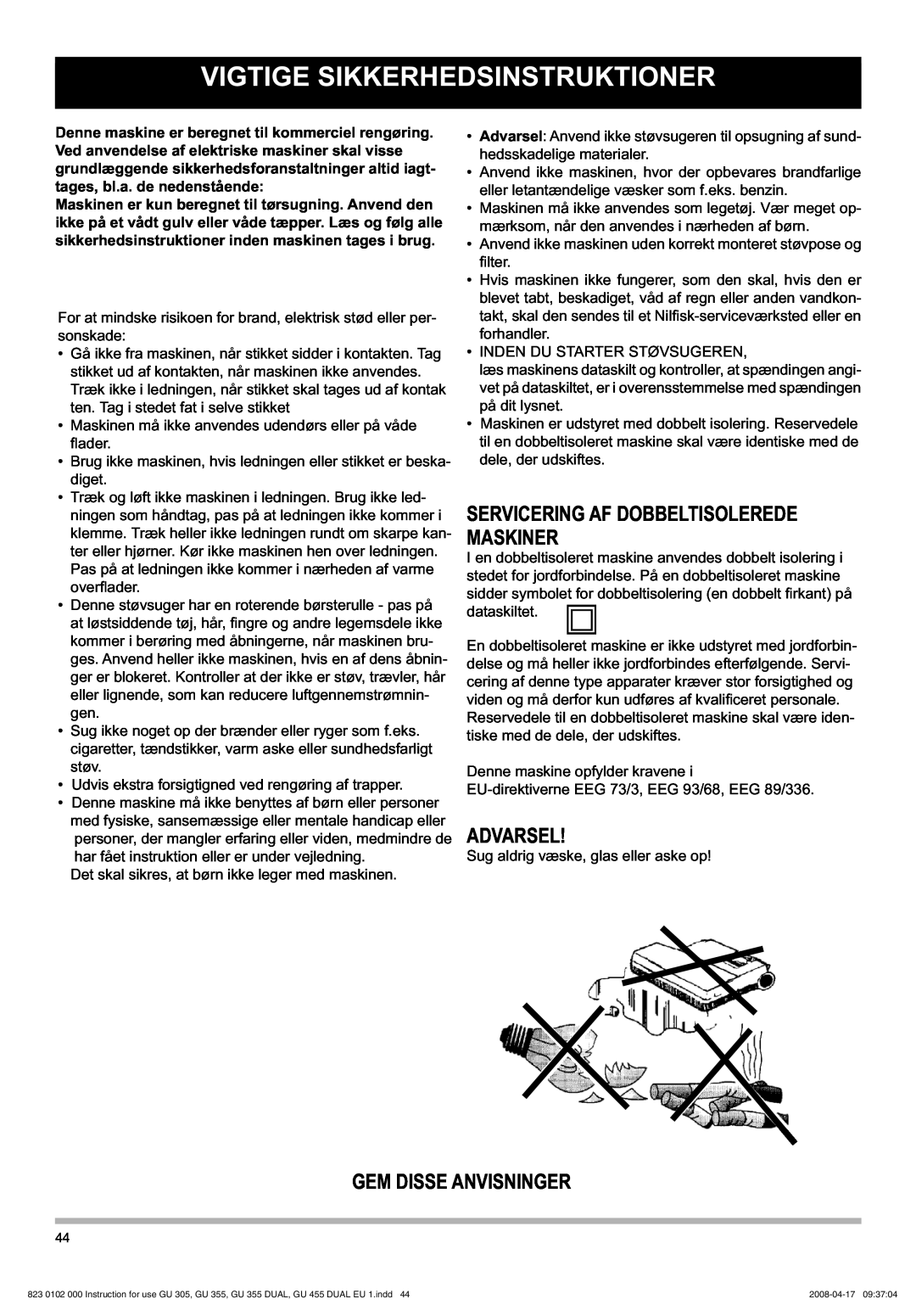 Nilfisk-Advance America GU 12 DMU Vigtige Sikkerhedsinstruktioner, Servicering Af Dobbeltisolerede Maskiner, Advarsel 