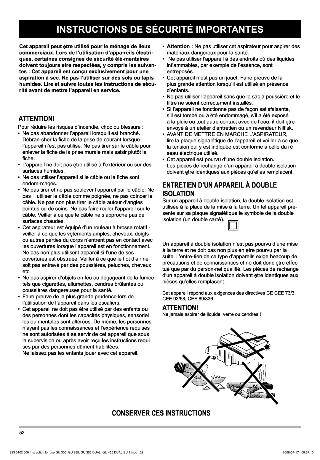 Nilfisk-Advance America GU 12 SMU, GU 305 Instructions De Sécurité Importantes, Entretien D’Un Appareil À Double Isolation 