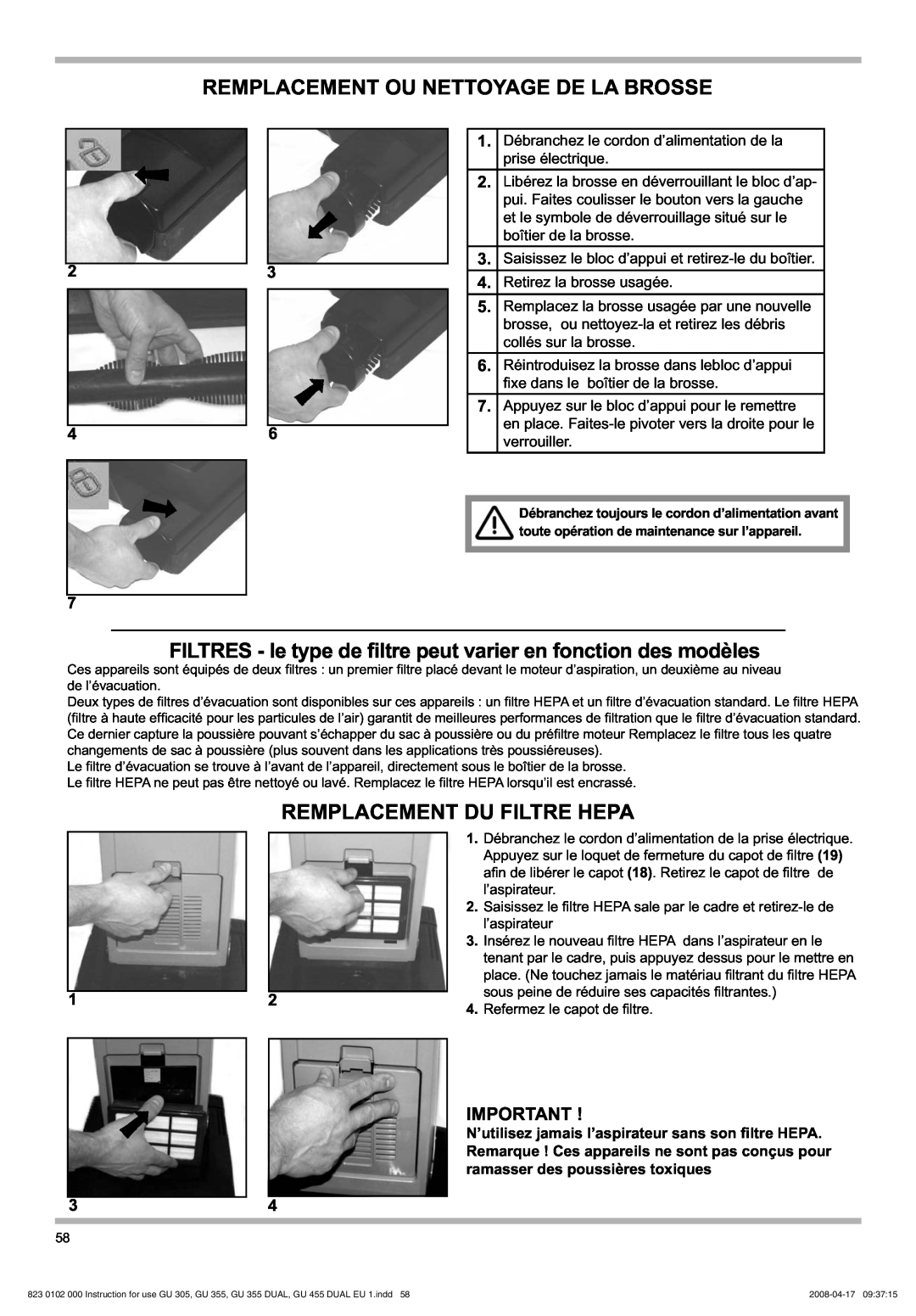 Nilfisk-Advance America GU 355, GU 305 manual Remplacement Ou Nettoyage De La Brosse, Remplacement Du Filtre Hepa, 23 46 