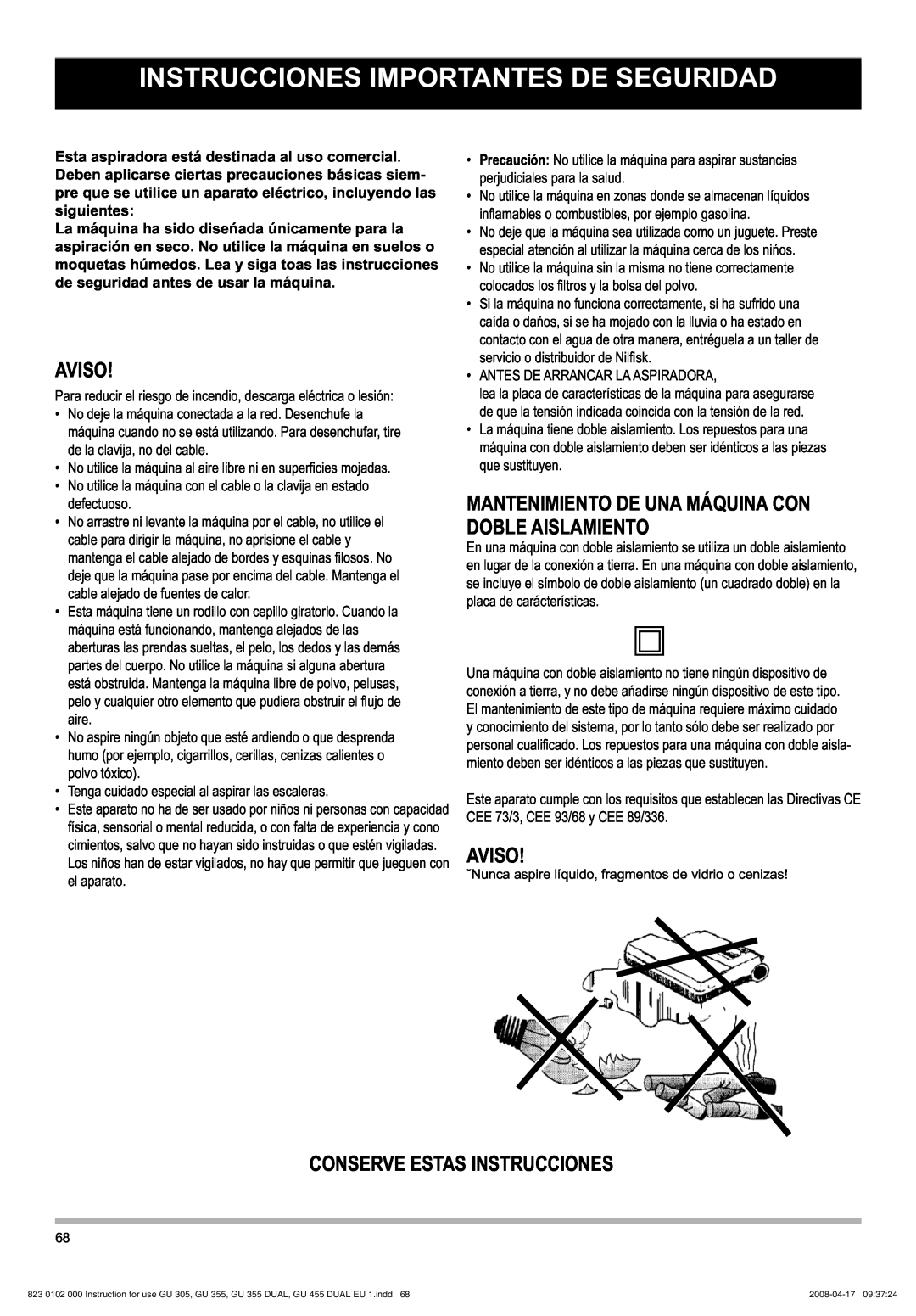 Nilfisk-Advance America GU 15 DMU, GU 305 manual Instrucciones Importantes De Seguridad, Aviso, Conserve Estas Instrucciones 