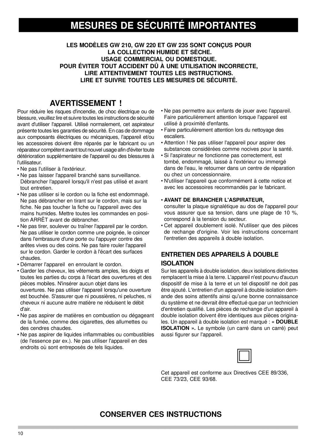 Nilfisk-Advance America GW 220 Mesures DE Sécurité Importantes, Avertissement, Entretien DES Appareils À Double Isolation 