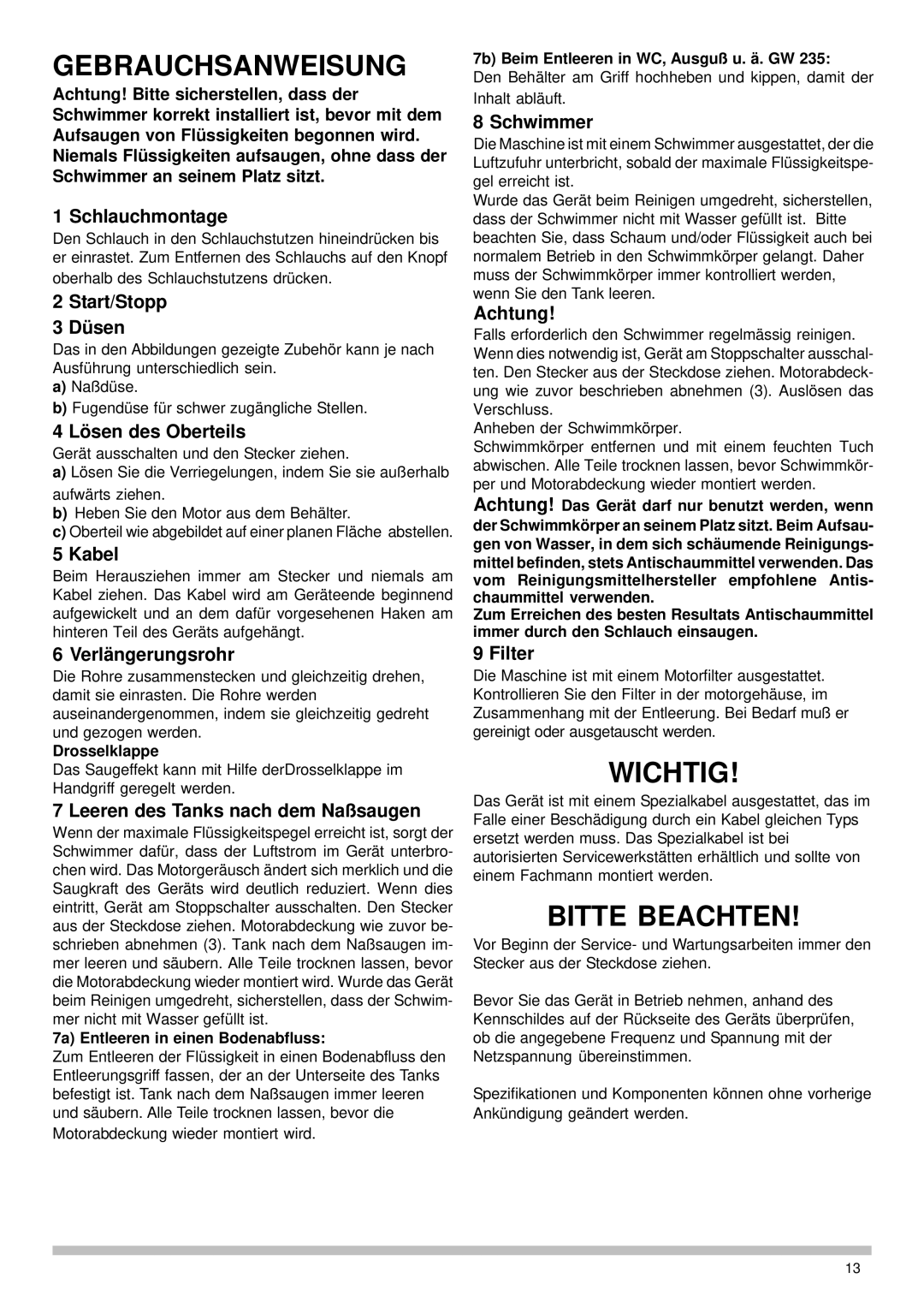 Nilfisk-Advance America GW 220, GW 235, GW 210 manual Gebrauchsanweisung, Wichtig, Bitte Beachten 