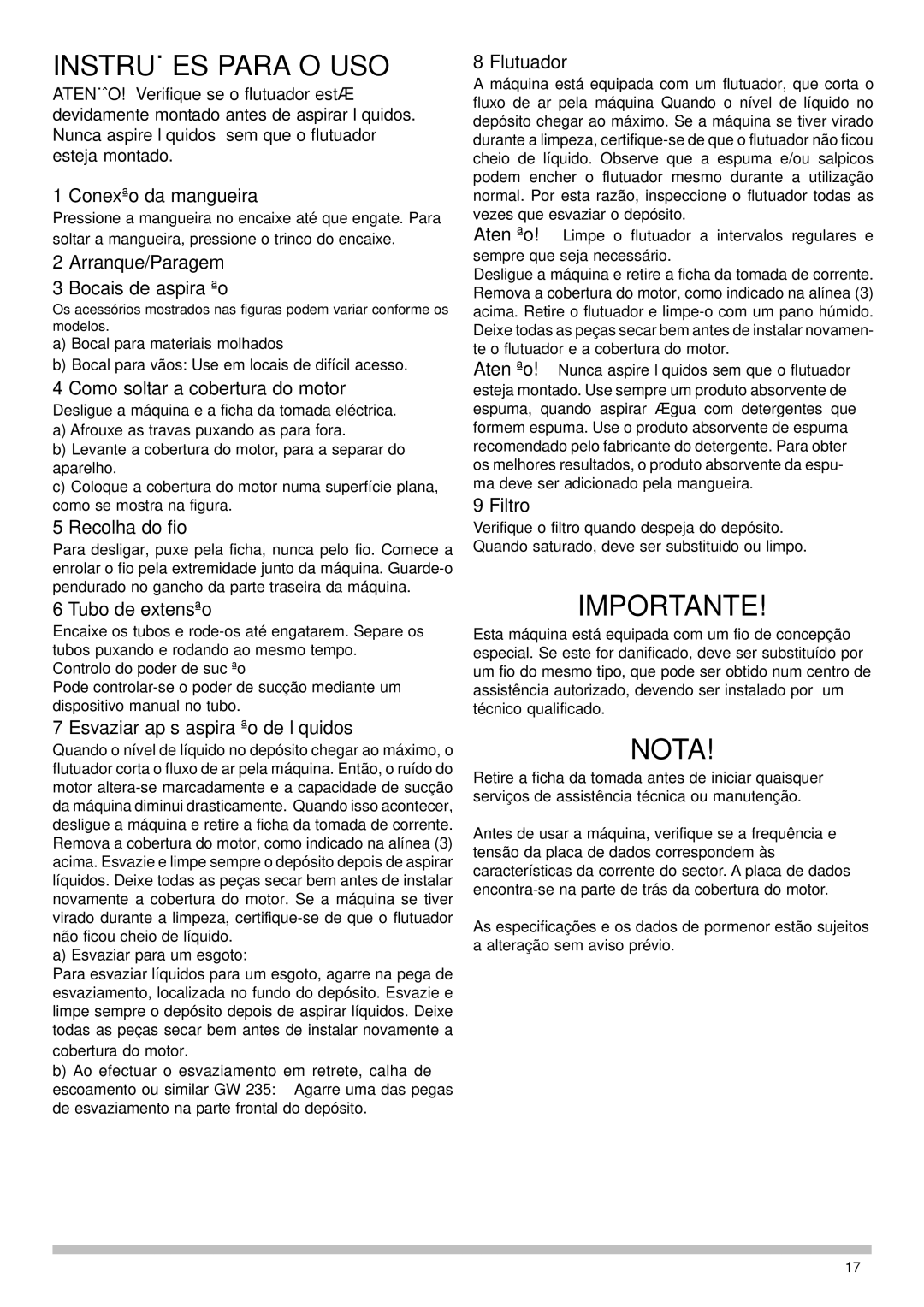 Nilfisk-Advance America GW 210, GW 235, GW 220 manual Instruções Para O USO, Importante, Nota 