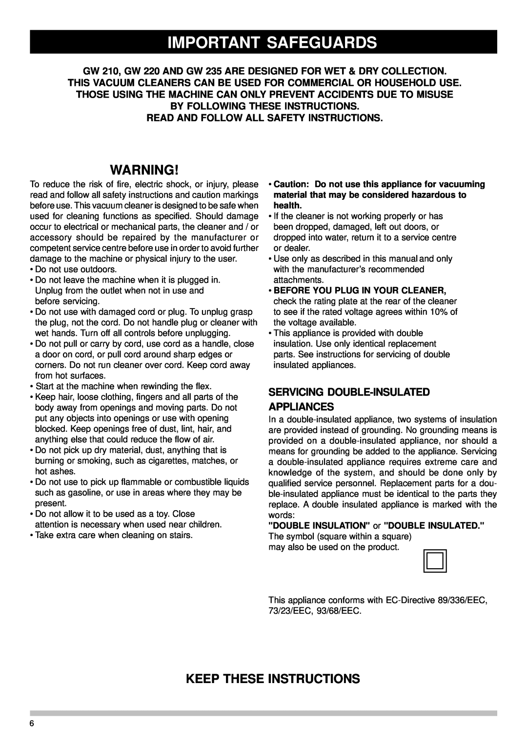 Nilfisk-Advance America GW 235 manual Important Safeguards, Keep These Instructions, Servicing Double-Insulated Appliances 