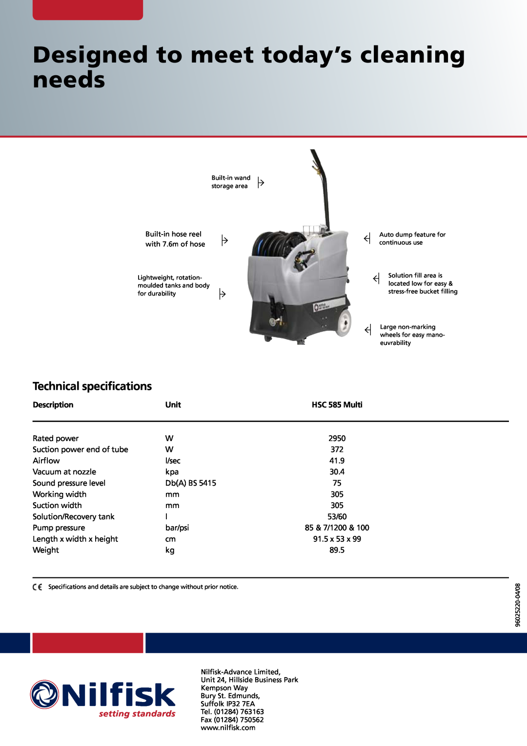 Nilfisk-Advance America HSC 585 Multi technical specifications Designed to meet today’s cleaning needs, Description, Unit 
