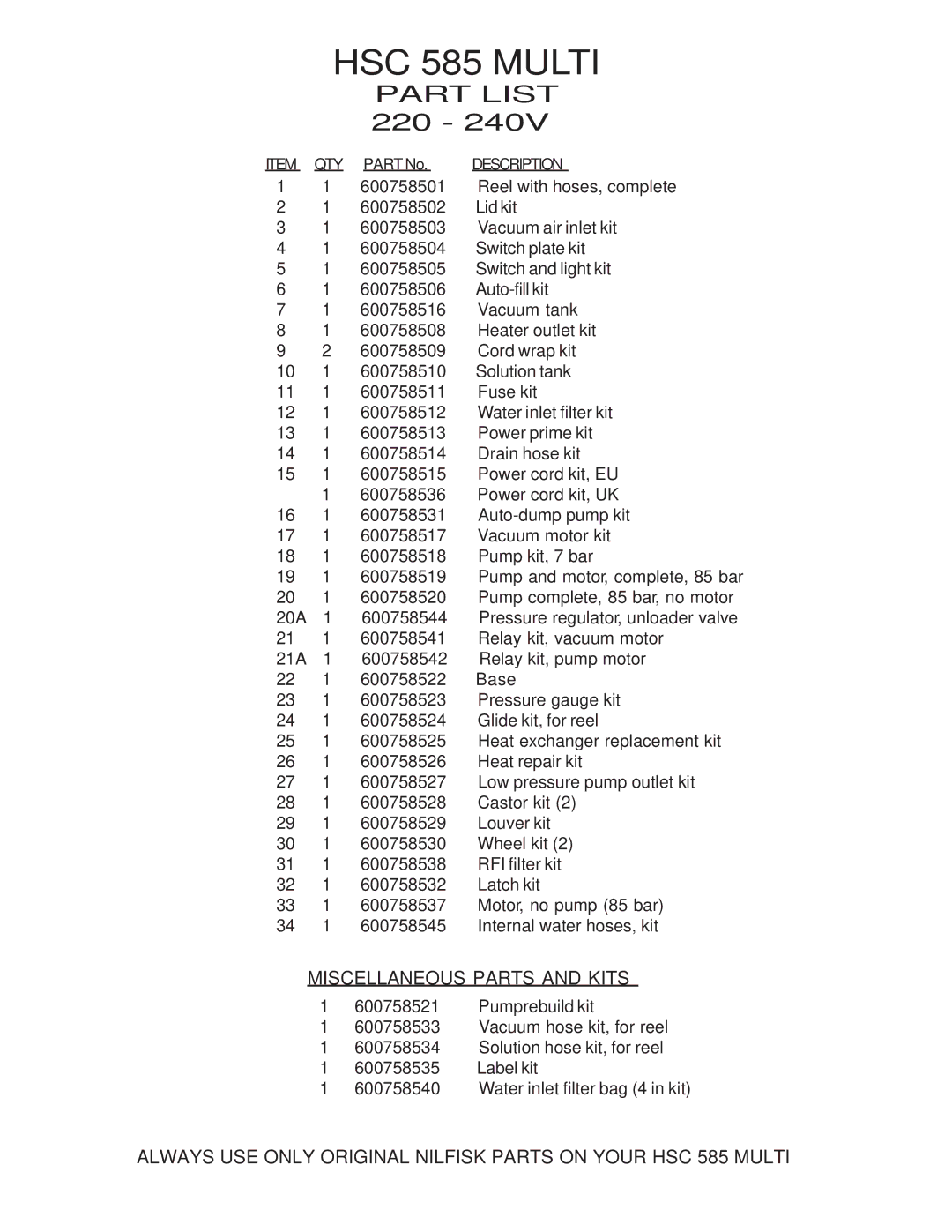 Nilfisk-Advance America Miscellaneous Parts and Kits, Always USE only Original Nilfisk Parts on Your HSC 585 Multi 