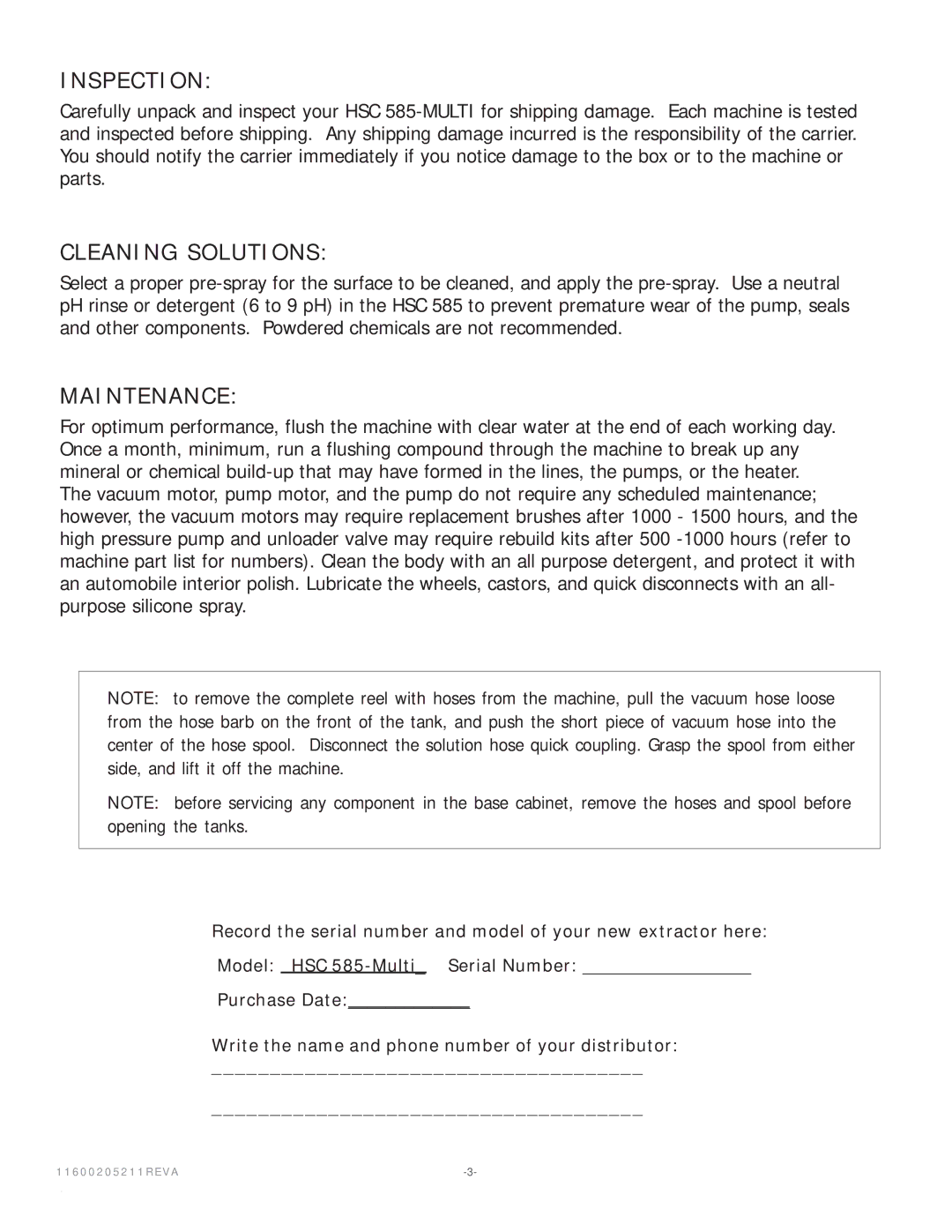 Nilfisk-Advance America HSC 585 operating instructions Inspection, Cleaning Solutions, Maintenance 