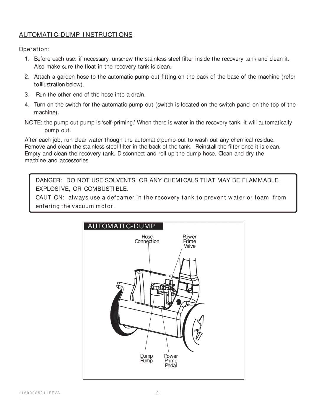 Nilfisk-Advance America HSC 585 operating instructions AUTOMATIC-DUMP Instructions 