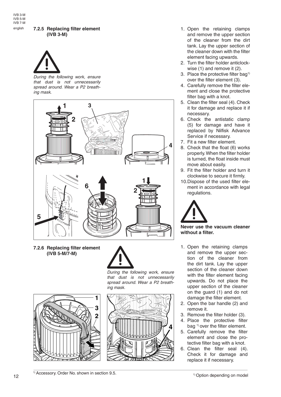 Nilfisk-Advance America IVB 7-M manual Replacing filter element IVB 3-M, Replacing filter element IVB 5-M/7-M 