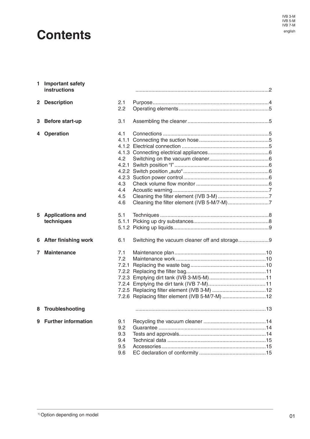 Nilfisk-Advance America IVB 5-M, IVB 7-M, IVB 3-M manual Contents 