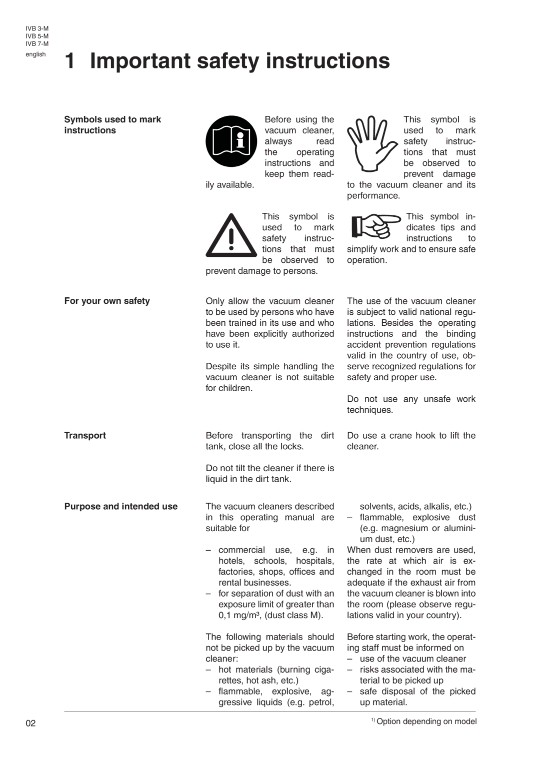 Nilfisk-Advance America IVB 7-M manual English 1 Important safety instructions, Symbols used to mark, For your own safety 