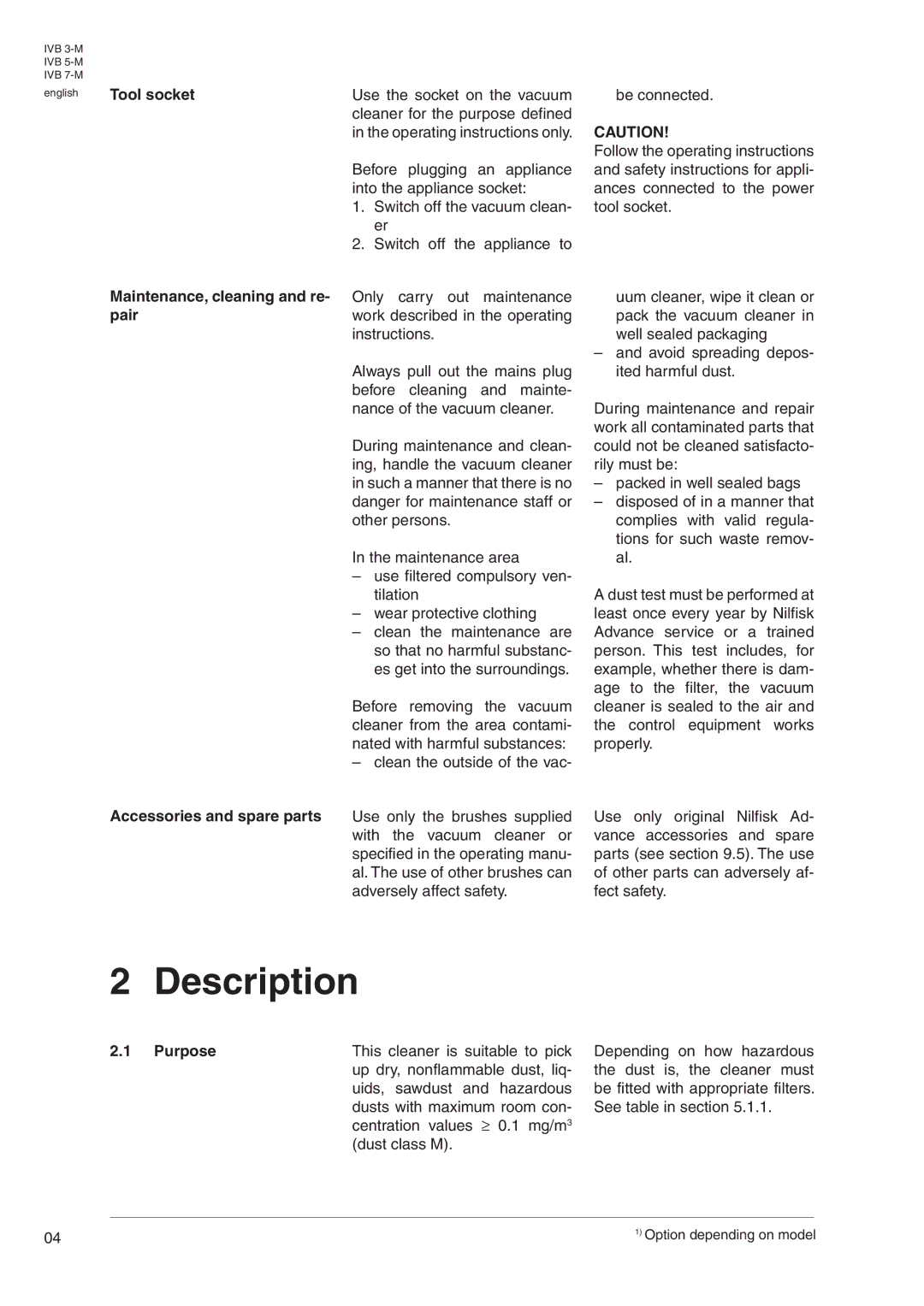 Nilfisk-Advance America IVB 5-M, IVB 7-M, IVB 3-M manual Description 