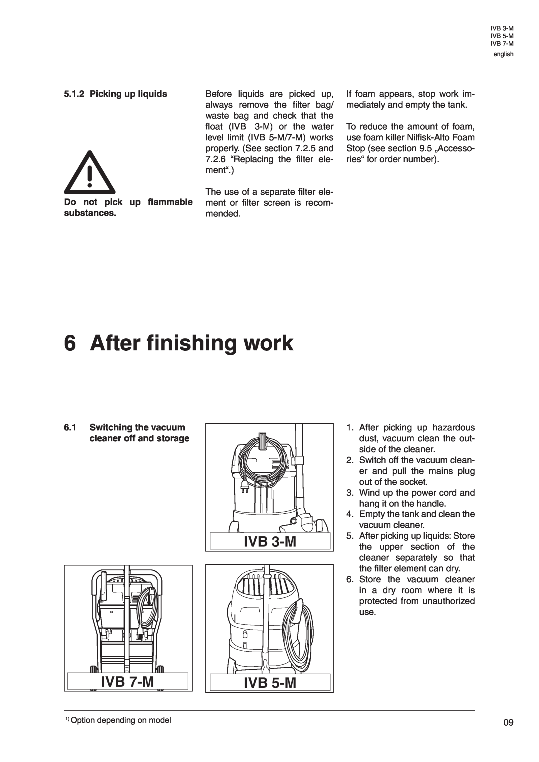 Nilfisk-Advance America IVB 3-M manual After finishing work, IVB 7-M, IVB 5-M, Picking up liquids 