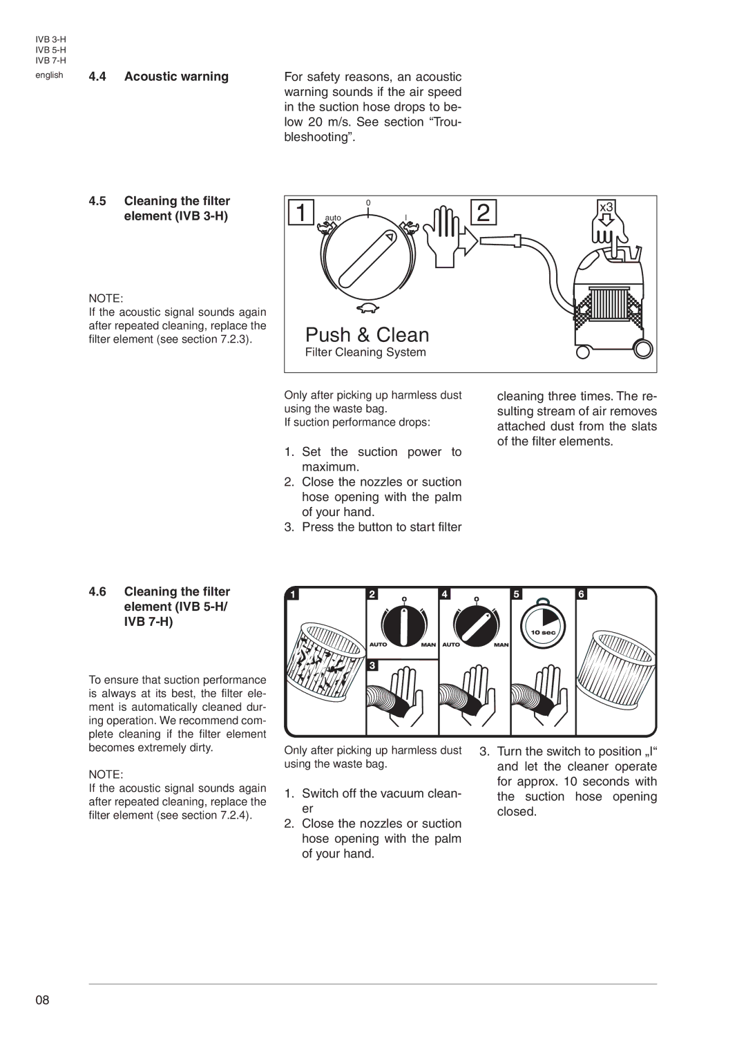 Nilfisk-Advance America IVB 7-H, IVB 5-H manual Acoustic warning, Cleaning the filter element IVB 3-H 