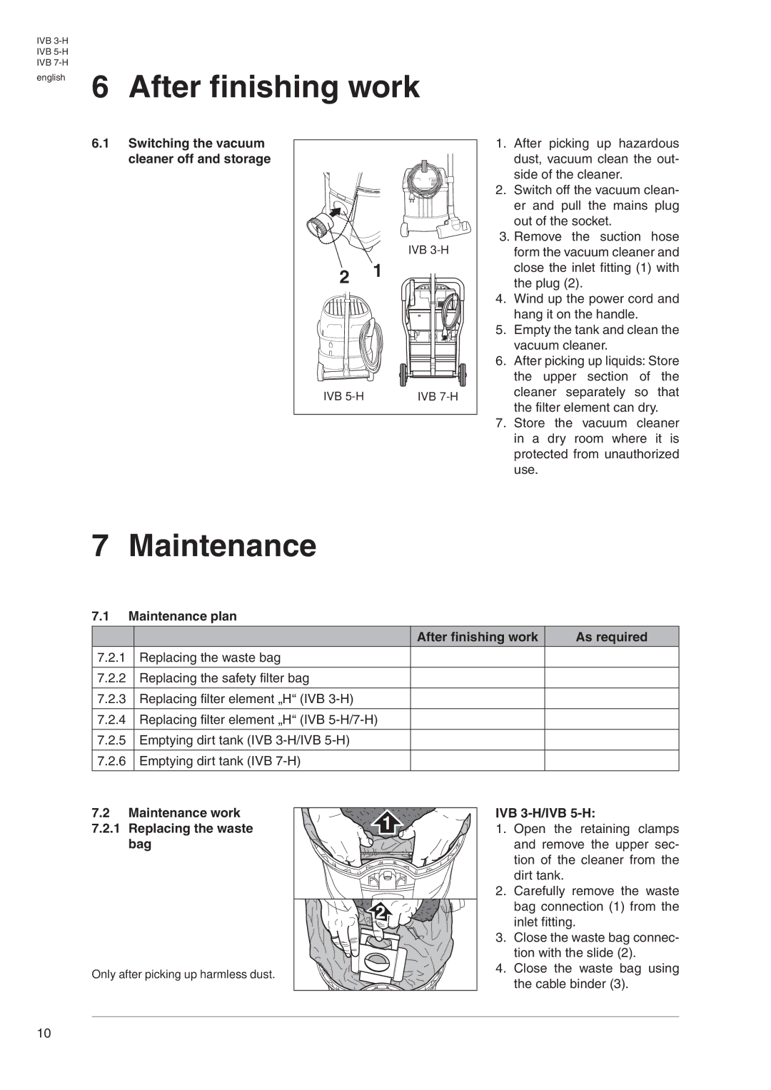 Nilfisk-Advance America IVB 7-H, IVB 3-H, IVB 5-H manual After finishing work, Maintenance 