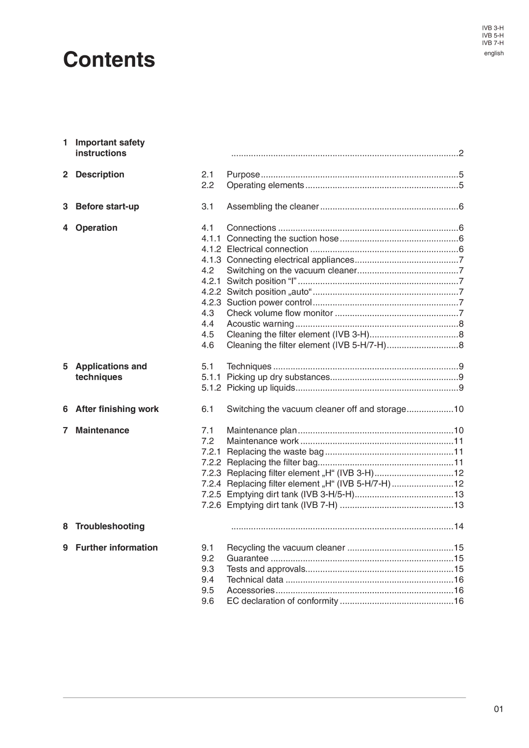 Nilfisk-Advance America IVB 7-H, IVB 3-H, IVB 5-H manual Contents 