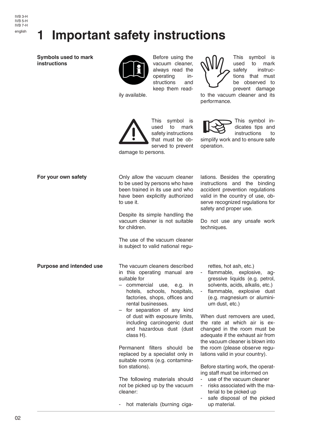 Nilfisk-Advance America IVB 3-H, IVB 7-H, IVB 5-H Important safety instructions, Symbols used to mark, For your own safety 