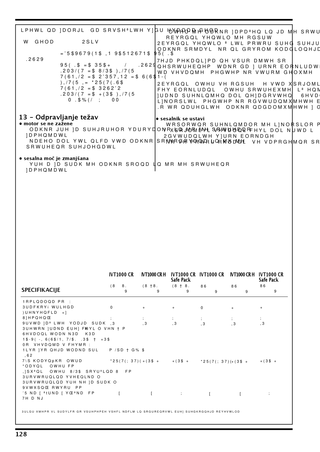 Nilfisk-Advance America IVT-1000CR, IVT 1000 CR H operating instructions Odpravljanje težav, 128, Specifikacije 