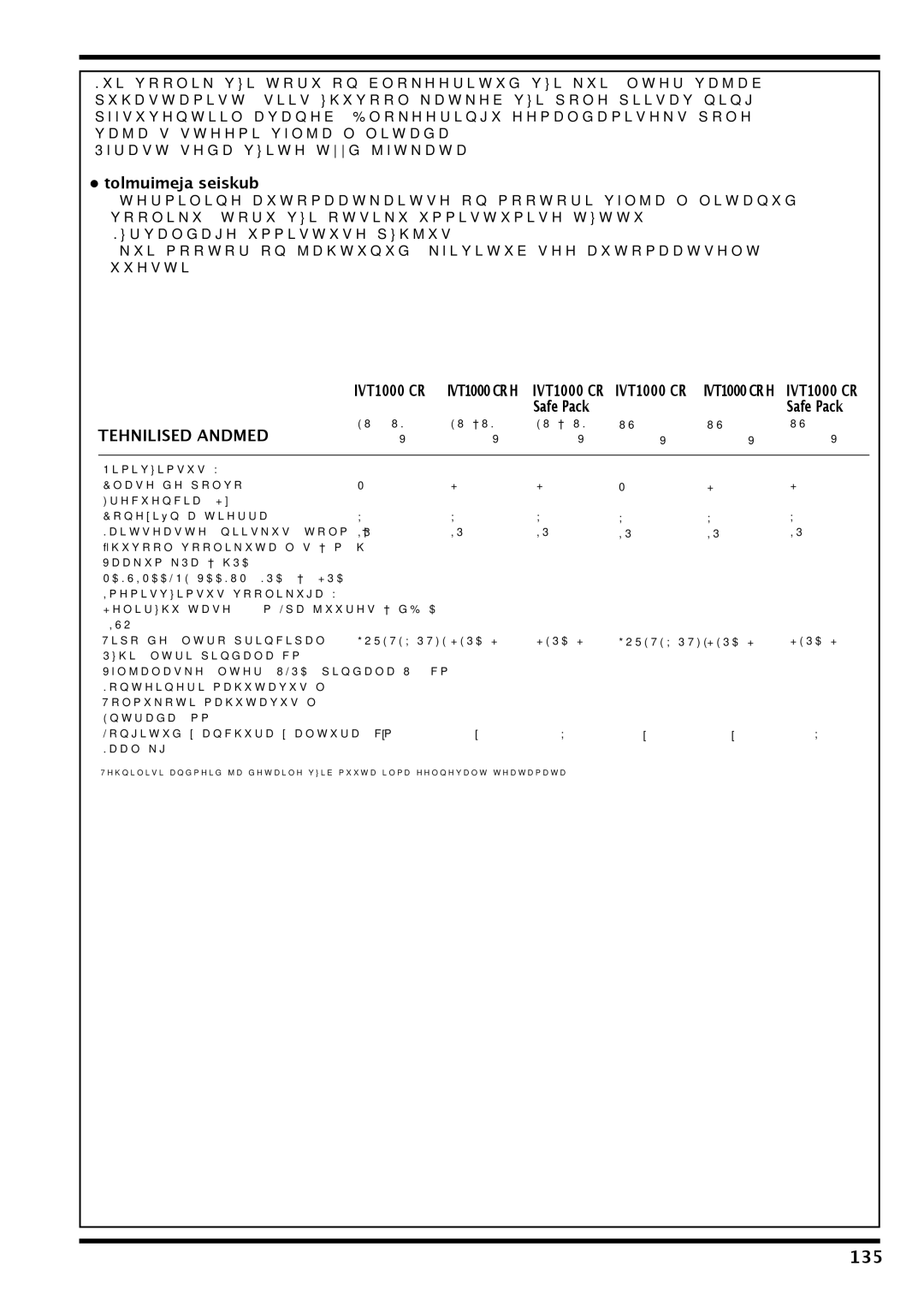 Nilfisk-Advance America IVT 1000 CR H, IVT-1000CR 135, Tolmuimeja seiskub, Tehnilised Andmed, Maksimaalne Vaakum KPA HPA 