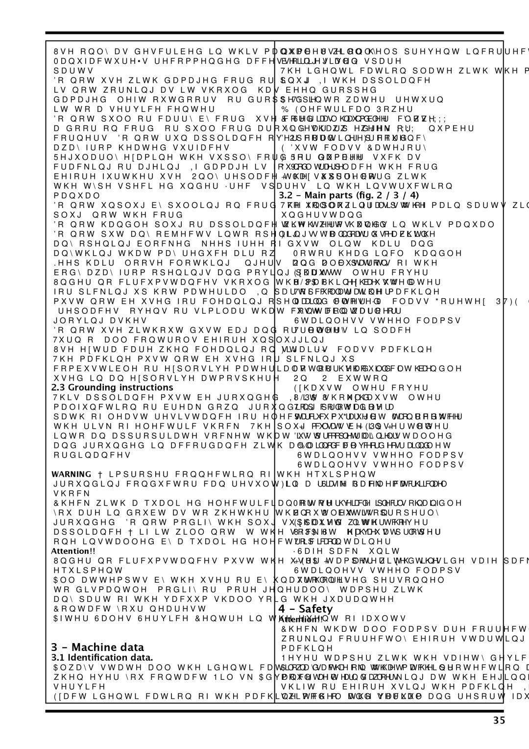 Nilfisk-Advance America IVT 1000 CR H Machine data, Safety, Grounding instructions, Identiﬁcation data, Main parts ﬁg / 3 