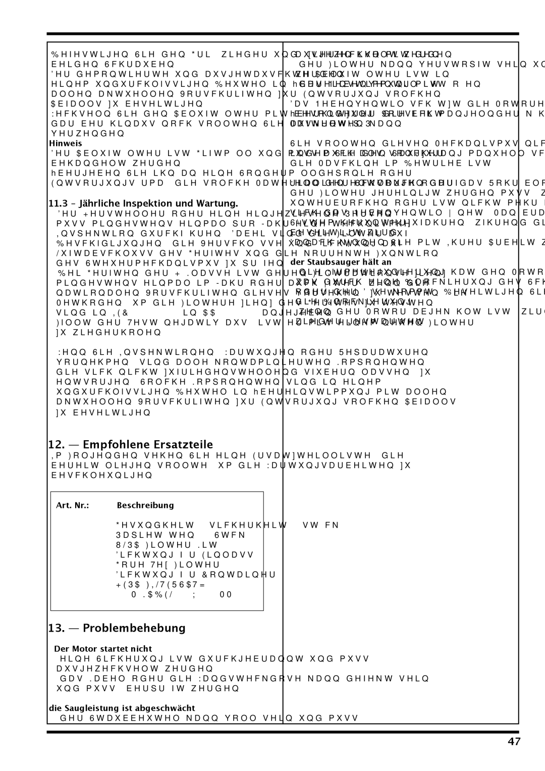 Nilfisk-Advance America IVT 1000 CR H, IVT-1000CR operating instructions Empfohlene Ersatzteile, Problembehebung 