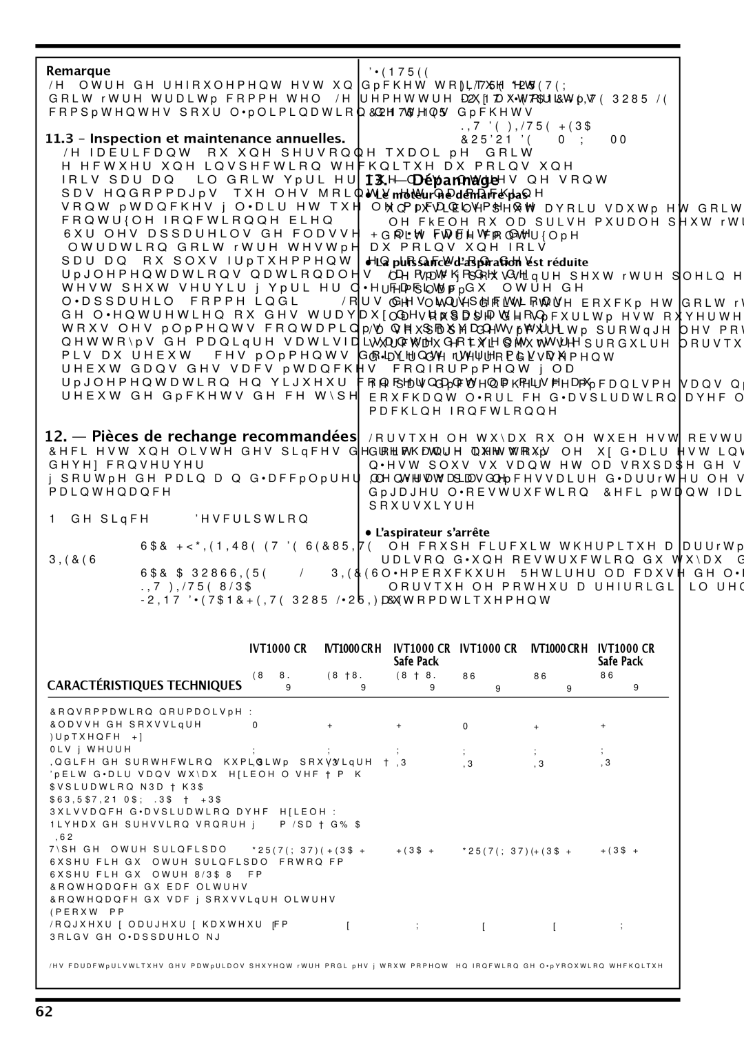 Nilfisk-Advance America IVT-1000CR Pièces de rechange recommandées, Dépannage, Remarque, Caractéristiques Techniques 