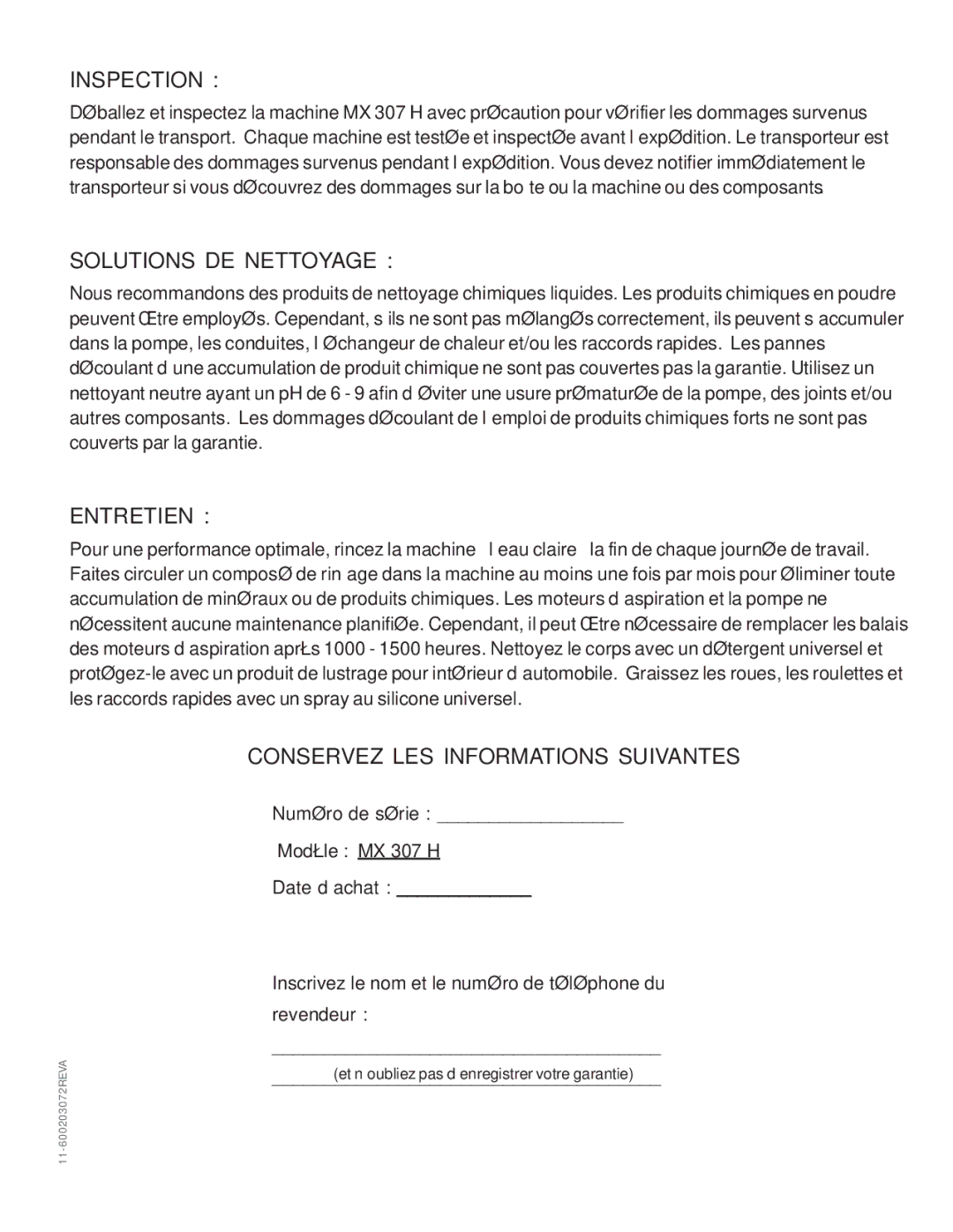 Nilfisk-Advance America MX 307 H instruction manual Inspection 