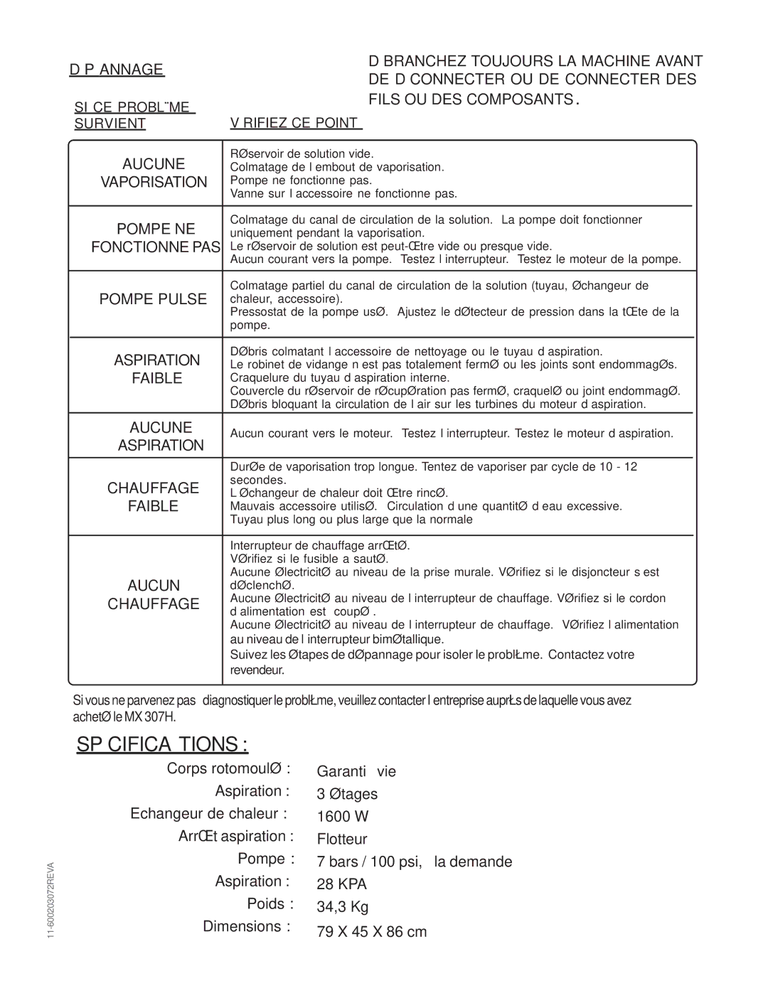 Nilfisk-Advance America MX 307 H instruction manual Dépannage, DE Déconnecter OU DE Connecter DES, Fils OU DES Composants 